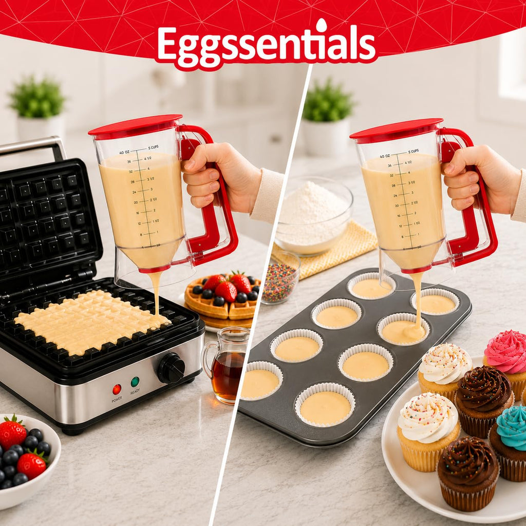 Eggssentials - Pancake dispenser, 5-Cup capacity for Batter, Cupcake Batter Dispenser, Waffles & Crepes, Easy Squeeze Handle, Dishwasher Safe - Red Pancake Mix Dispenser