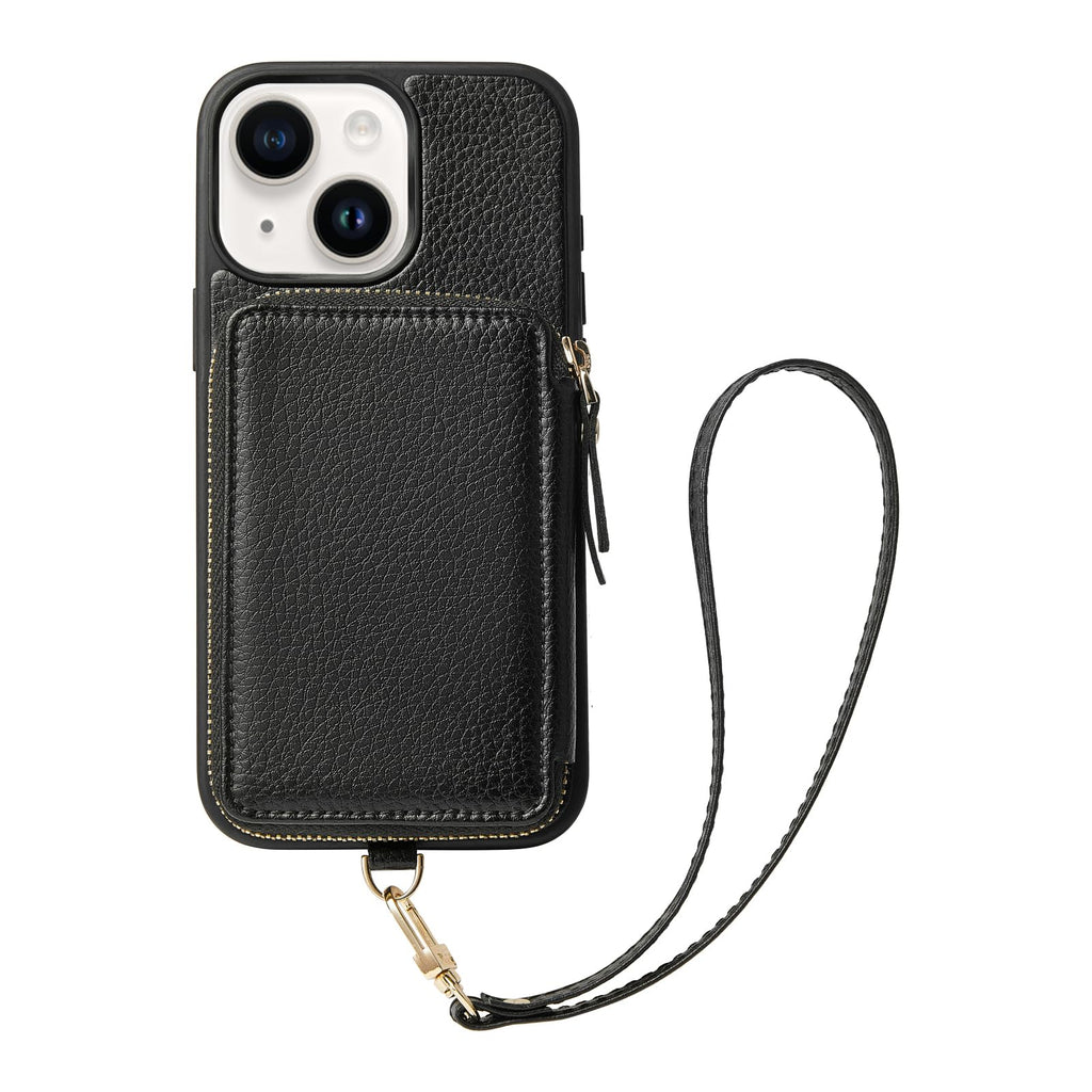 ZVE for iPhone 13 Wallet Case with Wristlet, Zipper Leather Case with RFID Blocking Card Holder Slots Purse, Protective Carrying Cover for iPhone 13 6.1" (2021) - Black