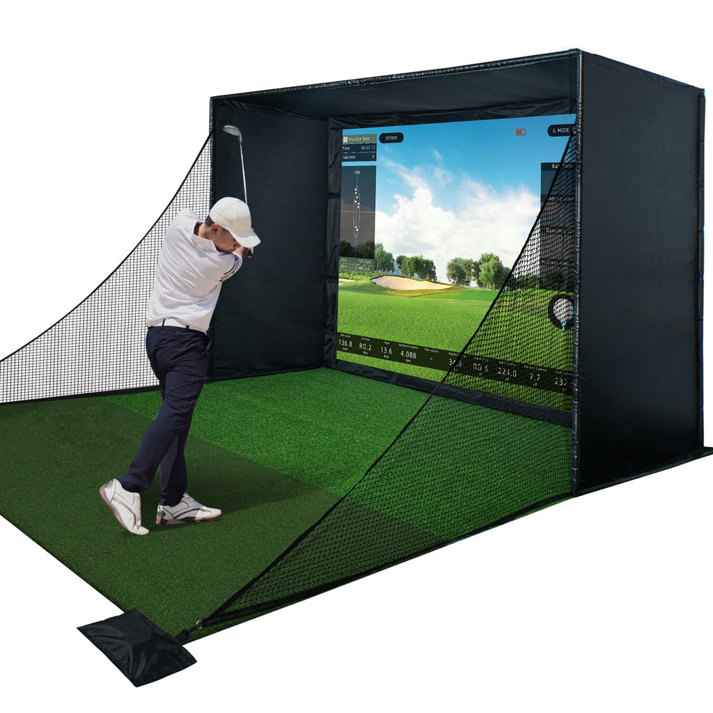 Golf Simulator Enclosure Kit with Premium HD Impact Screen, Full Safety Padding & Blackout Curtain, Home Golf Sim Setup Compatible with Launch Monitors, Indoor Cage Net Golfing Accessories (10 x 8 ft)