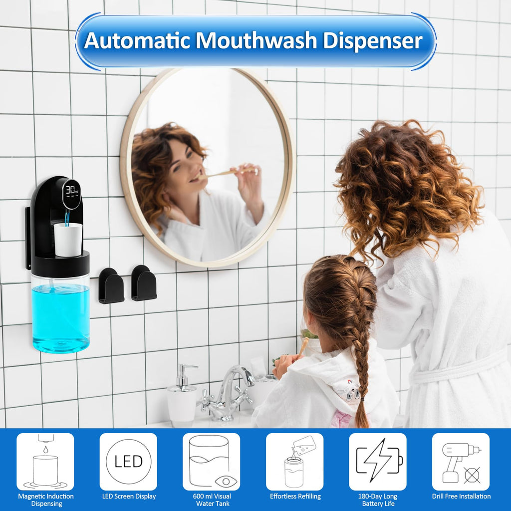 Mouthwash Dispenser for Bathroom, Automatic Mouthwash Dispenser, 20.29 oz Touchless Electric Wall Mounted Mouth Wash Dispenser, 4 Modes with 4 Magnetic Cups for Kids & Adults,Bathroom Accessories Set