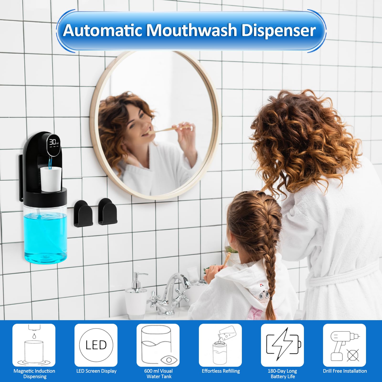 Mouthwash Dispenser for Bathroom, Automatic Mouthwash Dispenser, 20.29 oz Touchless Electric Wall Mounted Mouth Wash Dispenser, 4 Modes with 4 Magnetic Cups for Kids & Adults,Bathroom Accessories Set