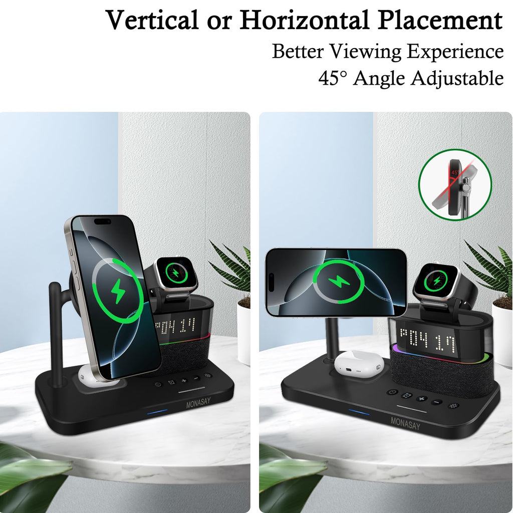 MONASAY Qi2 5 in 1 Wireless Charging Station, 23W Wireless Charger with Alarm Clock for Multiple Devices, Magnetic Charger Stand for iPhone 16/15/14/13/12 Series and AirPods, Apple Watch Series, Black