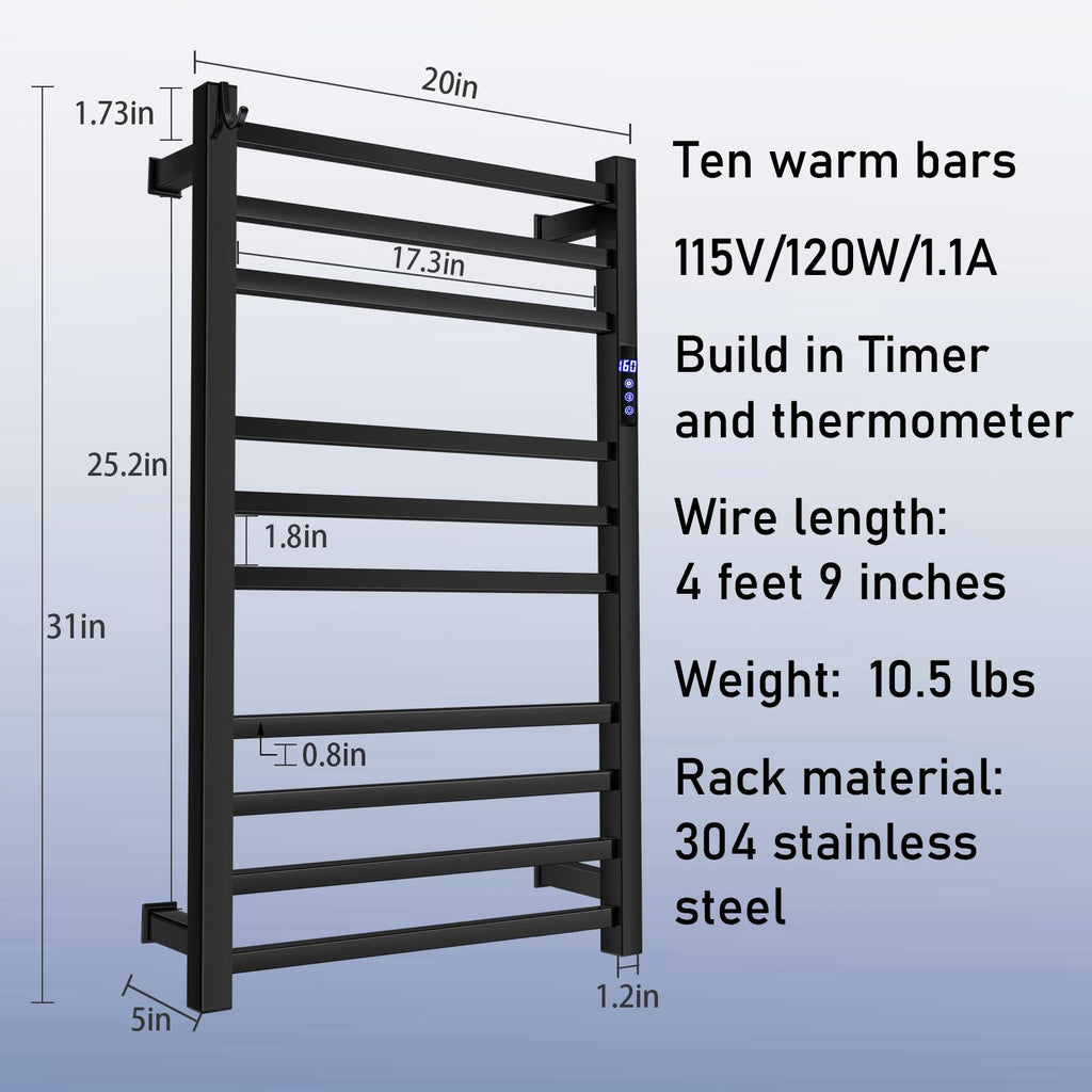 XBVV Black Towel Warmer Rack for Bathroom with Timer/Fahrenheit Display Electric Heated 10 Bars Drying Rail Plug-in or Hardwired Wall Mounted Heating Bath Towel Warming(Matte Black)
