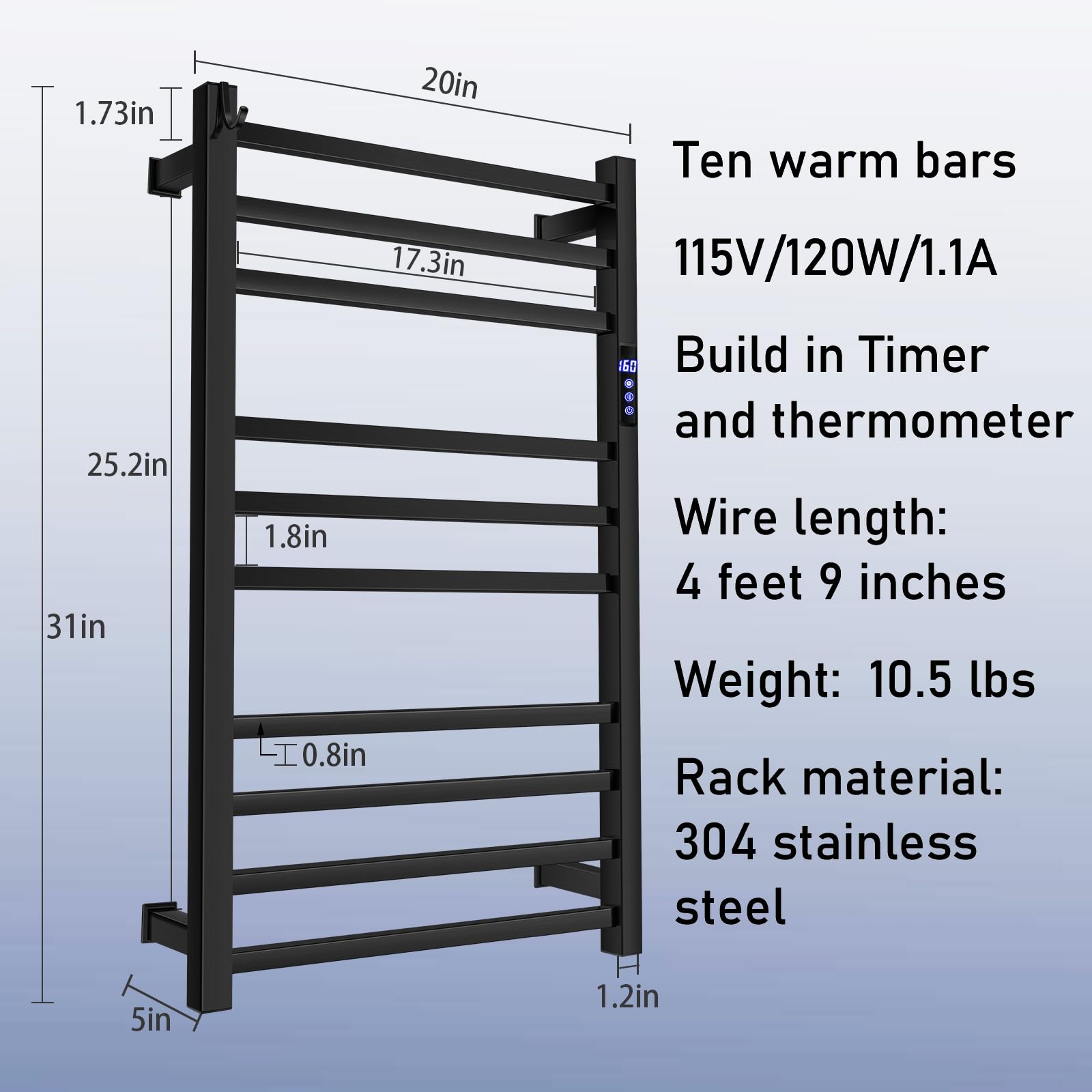 XBVV Black Towel Warmer Rack for Bathroom with Timer/Fahrenheit Display Electric Heated 10 Bars Drying Rail Plug-in or Hardwired Wall Mounted Heating Bath Towel Warming(Matte Black)