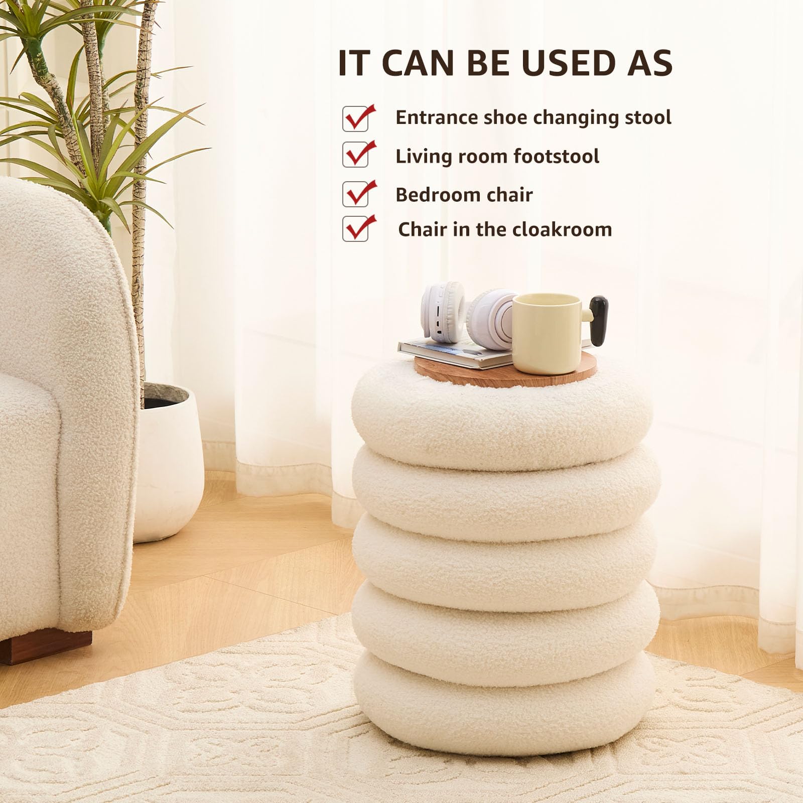 Wimarsbon Round Storage Ottoman, Modern Sherpa Footstool, Teddy Vanity Stool with Flip-Top Tray, Makeup Chair for Home Decor, Upholstered Footrest for Living Room & Bedroom (White S)