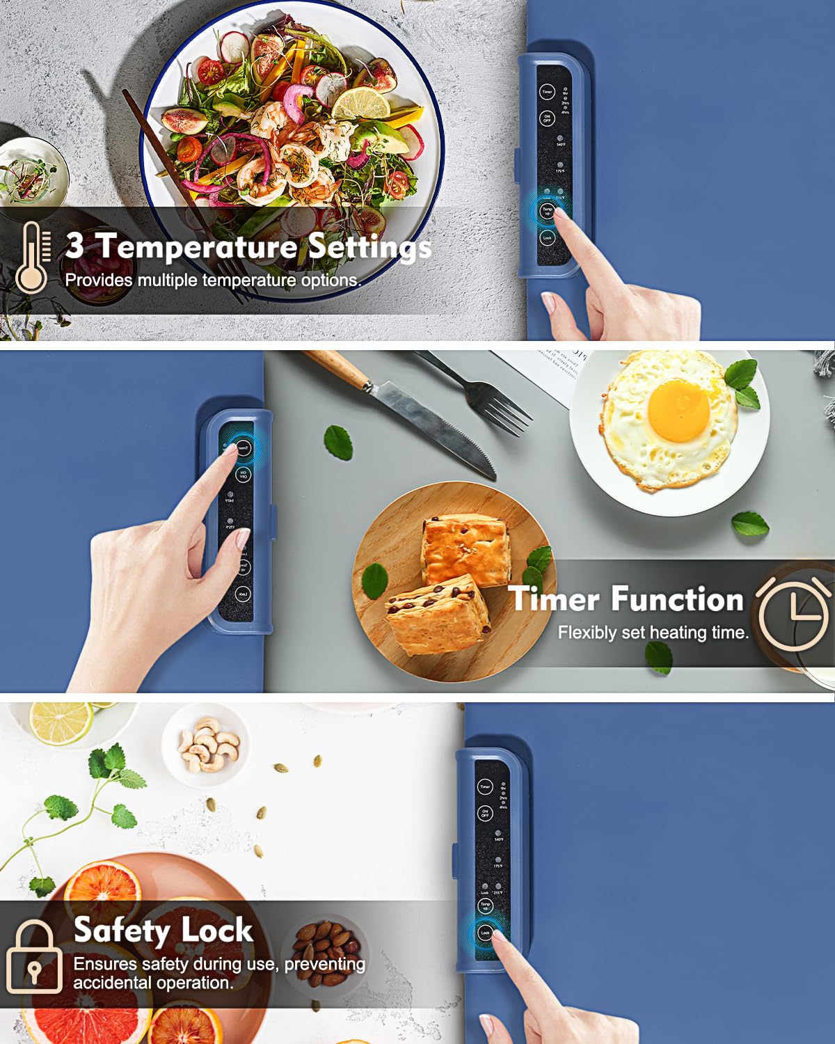 Food Warming Mat - Roll Up Portable Electric Warming Tray with 3 Temperature Settings, Silicone Heating Mat for Food, Food Warmers for Parties, Buffets Party, Travel, Daily Lives