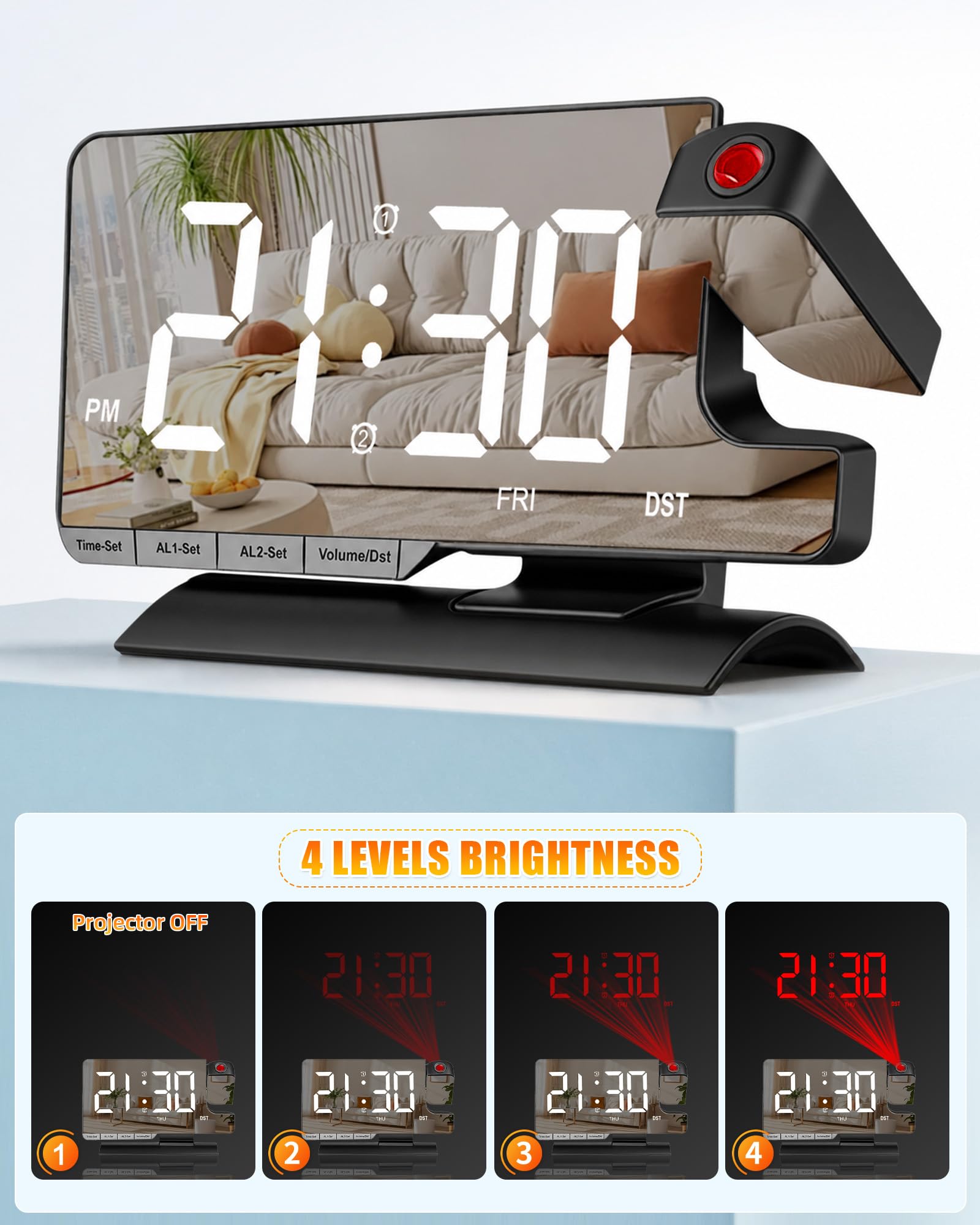 Projection Alarm Clock for Bedroom Ceiling, Digital Mirror Alarm Clock with 180° Rotatable Projector, 7.3" Large LED Display, Dual Alarm, USB & Type-C Charger, Loud Alarm for Heavy Sleepers Black