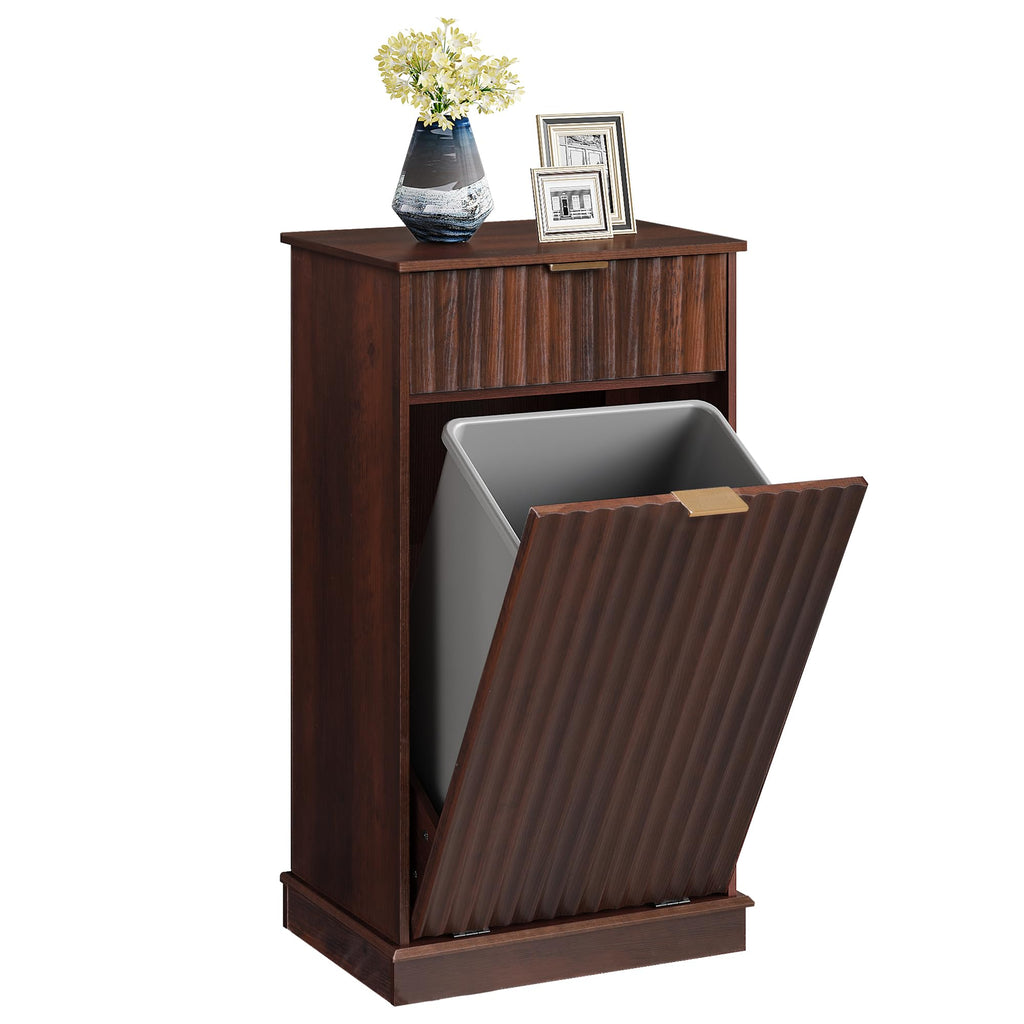 WLIVE 10 Gallon Trash Can Cabinet, Tilt Out Garbage Can Cabinet with Storage Drawers,Food/Clothes Storage Pet Proof Wooden Trash bin, Hidden Laundry Hamper for Kitchen, Home, Laundry, Brown