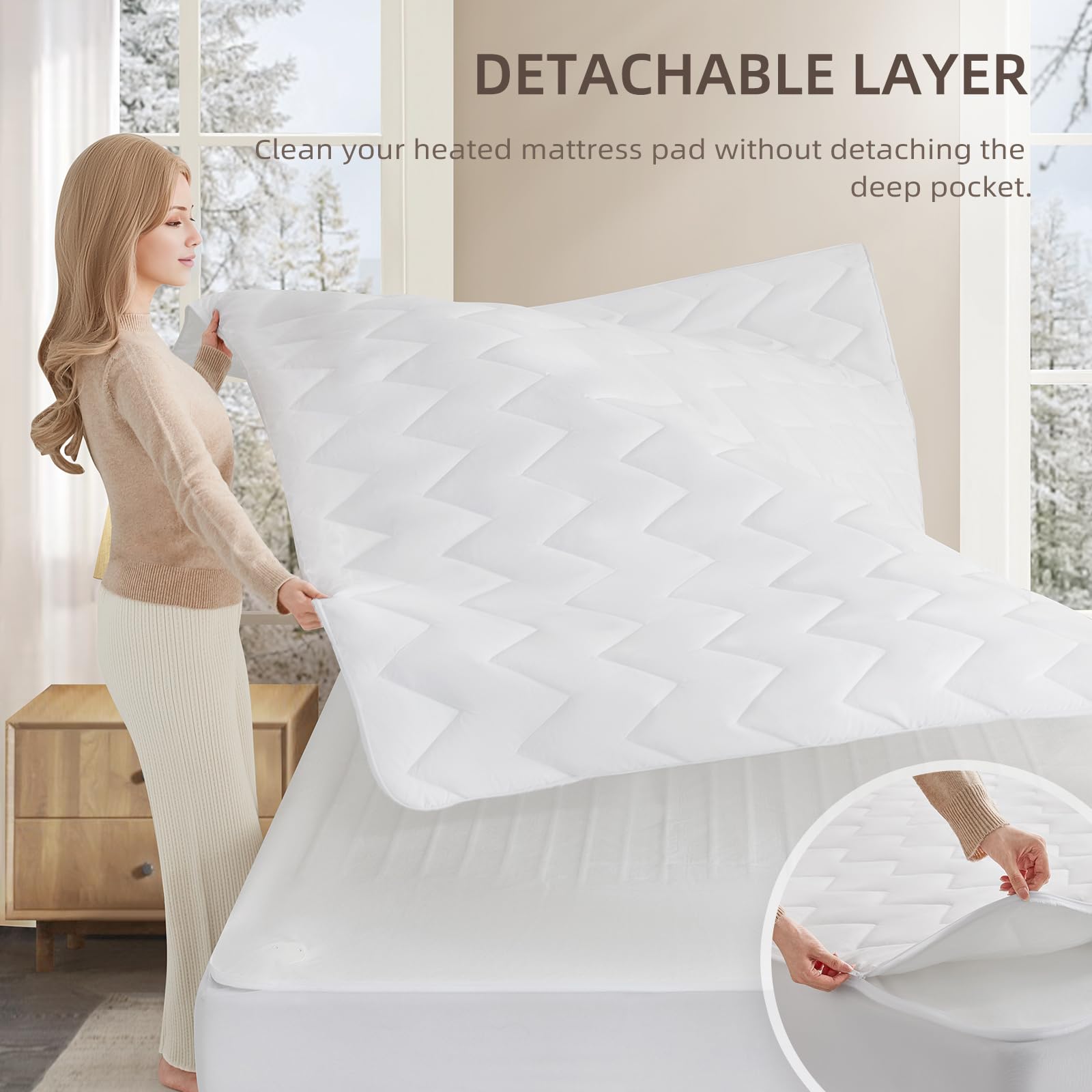 Bwarm Premium Multi-Zone Electric Heated Mattress Pad Queen Size, 60" x 80", Dual Controllers, 9 Heat Settings, 1-12 Hours Auto Off, Individual Body and Feet Settings, Machine Washable