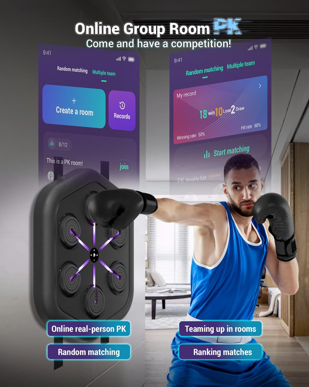 MAITUFIT Smart Music Boxing Machine M4, Professional Online Boxing Lessons for Sculpting Fat Burning - 24H Standby, 160 Synced LED Lights, Wall-Mount Punching Bag for Home Gym