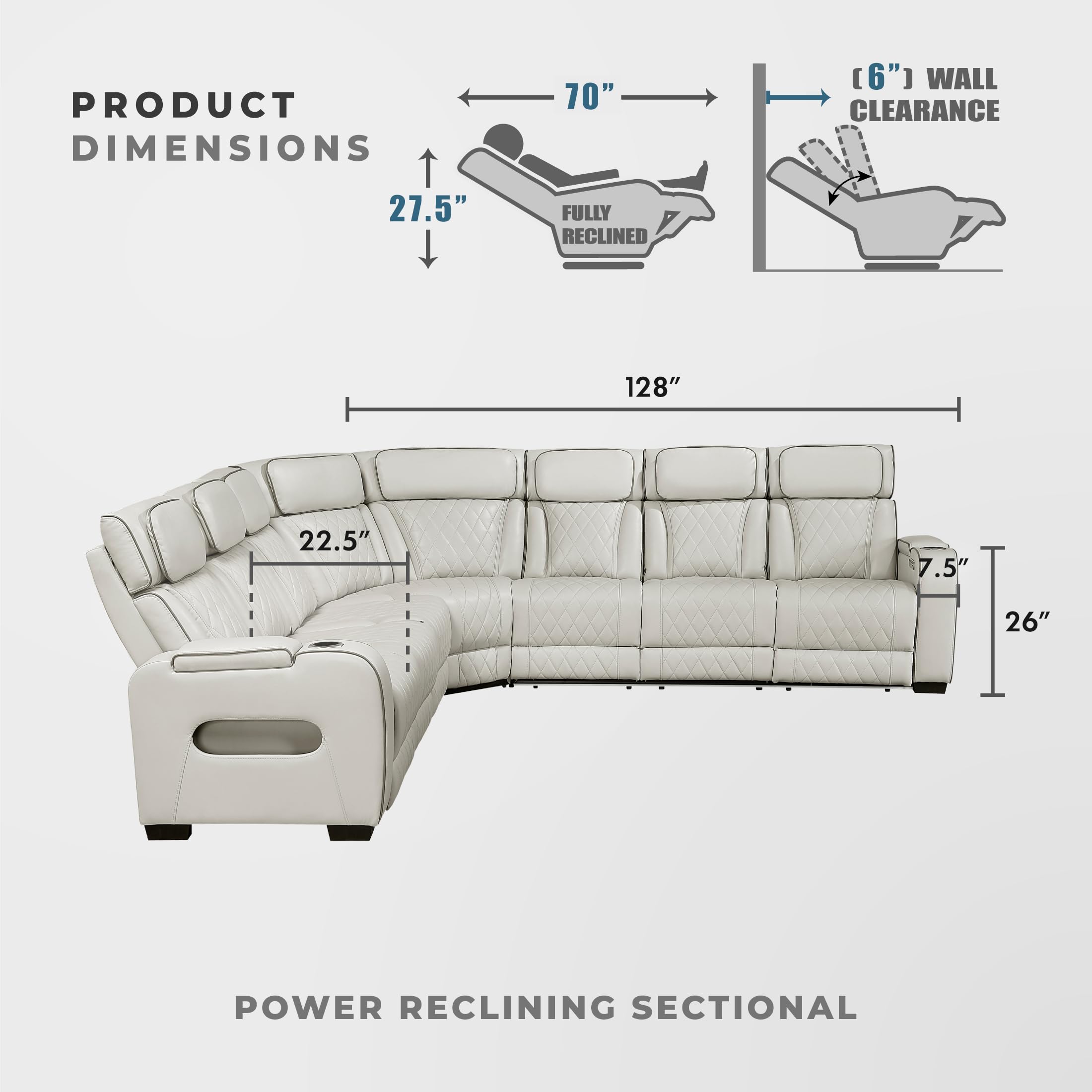Lexicon 128" Power Reclining Sectional Sofa, Wall Hugger, 2 Recliner Seats, 2 Storage Arms, Drop-Down Cup Holders, Power Headrests, Wireless Charger, Charging Ports, LED Lighting, Faux Leather Taupe