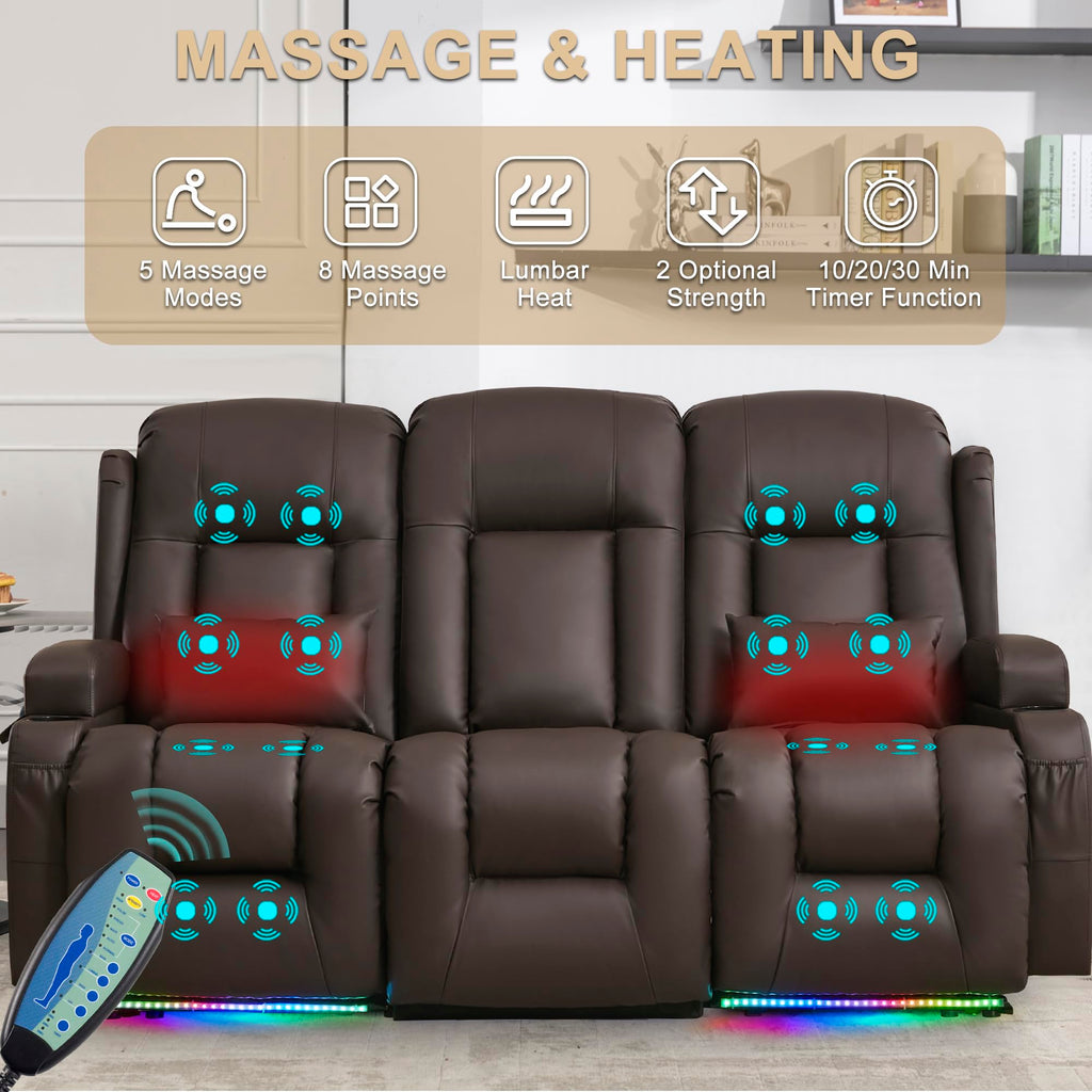 URRED Power Loveseat Recliner Sofa with Massage and Heat, Wall Hugger Reclining Loveseat with Console, RV Couch Home Theater Seating with LED Lights for Living Room (Dark Brown, 76.8" - 3 Seats)