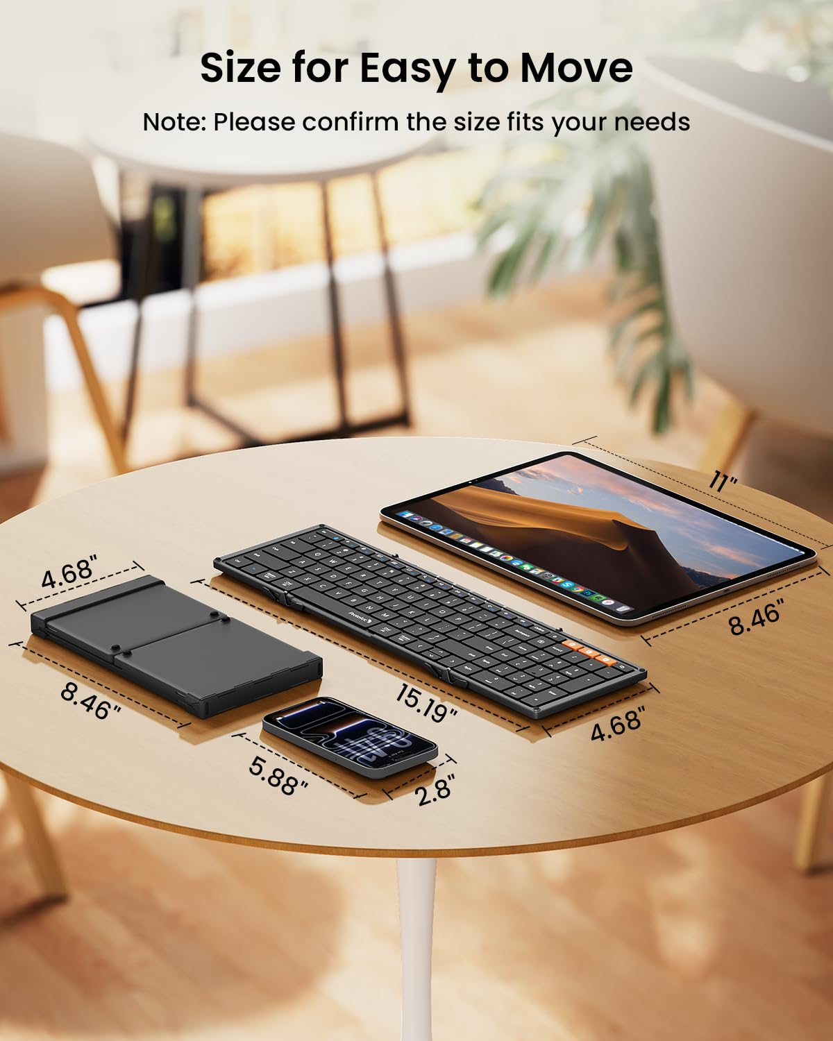 ProtoArc Foldable Bluetooth Keyboard, XK01 Full-Size Portable Wireless Keyboard for Travel, 105 Keys, 0.65" Keycaps, Multi-Device Sync for iPad Tablet Smartphone Laptop PC Windows iOS Android, Black