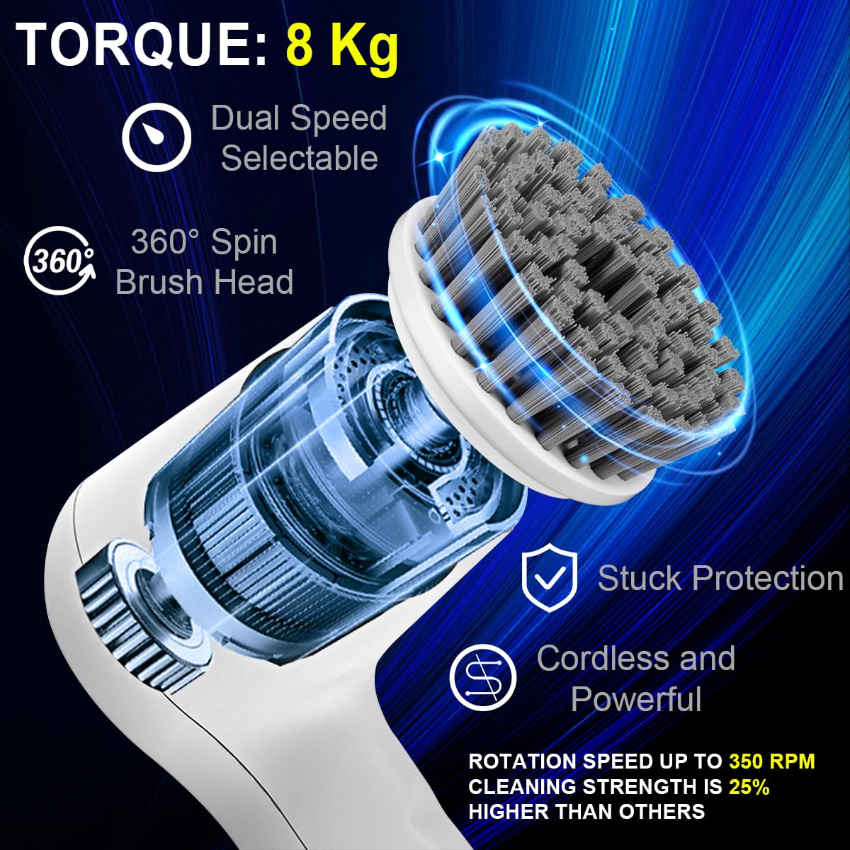 GEERLEPOL Electric Spin Scrubber, Power Scrubber Cordless Shower for Cleaning with LED Display, Bathroom, Tub, Kitchen Stove, Tile Grout 4 Brush Heads (White)
