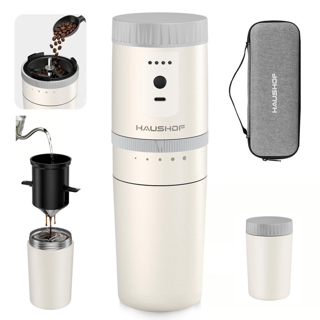 HAUSHOF Portable Coffee Grinder, Camping Coffee Makers, Portable Burr Coffee Grinder and Brewing Kit, Rechargeable, Personal Cordless Coffee Maker for Car, Camping, for Home Use