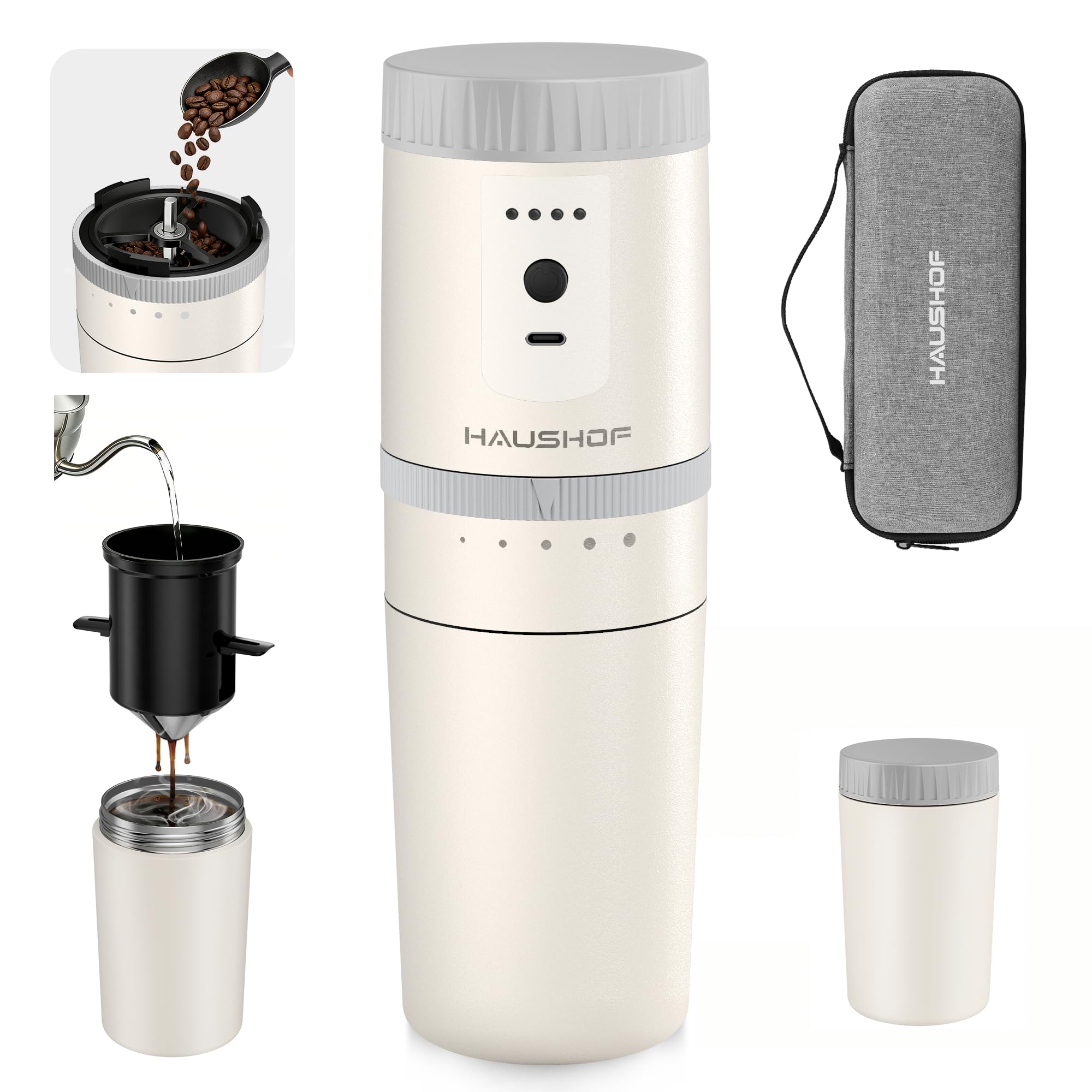 HAUSHOF Portable Coffee Grinder, Camping Coffee Makers, Portable Burr Coffee Grinder and Brewing Kit, Rechargeable, Personal Cordless Coffee Maker for Car, Camping, for Home Use