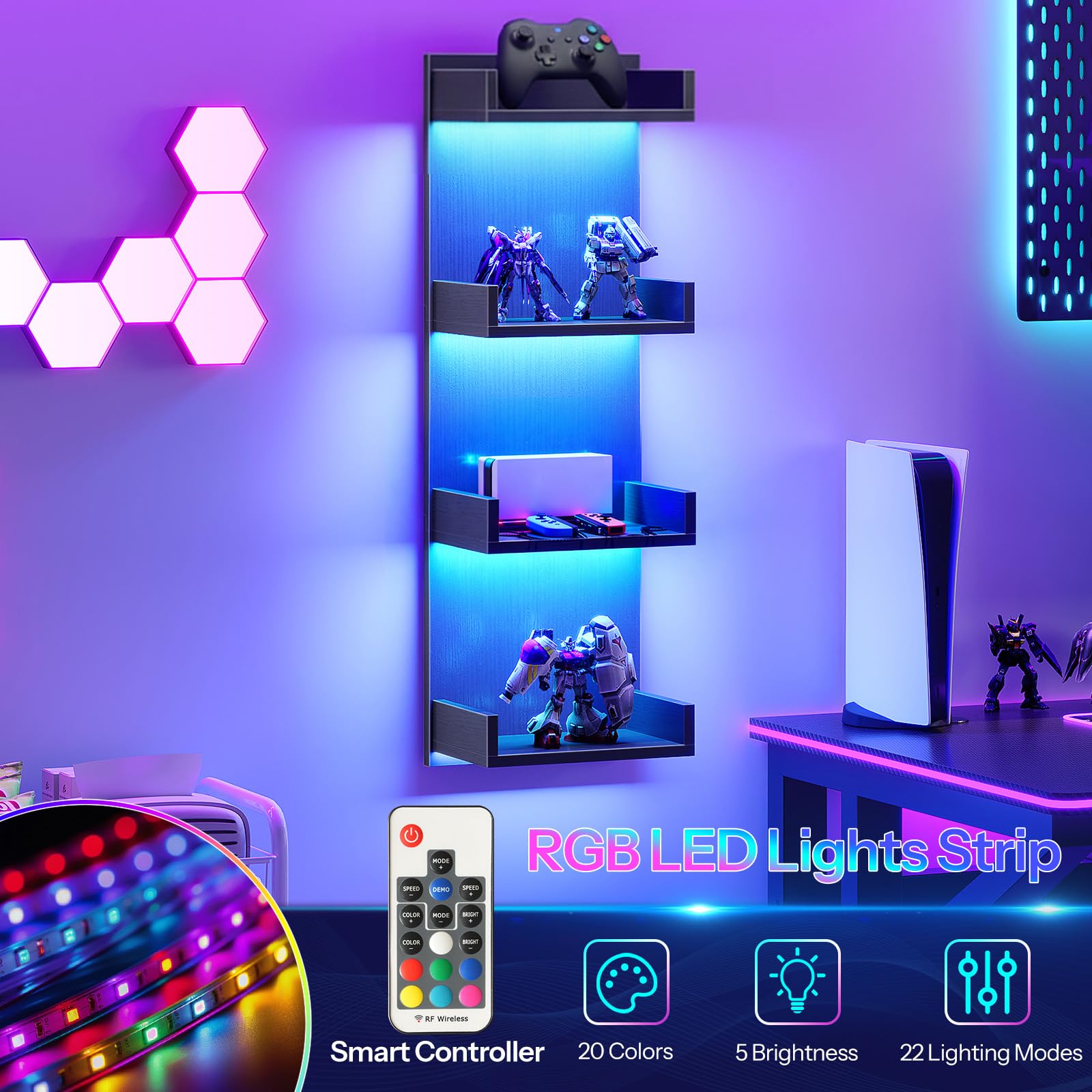 HOOBRO Floating Wall Shelves with LED Lights, Floating Shelf Wall Mounted for Storage, Vertical Display Stand, Modern Column Rack, for Bedroom, Livingroom, 4-Tier, 35.8 Inches, Black, BK41DBJ01