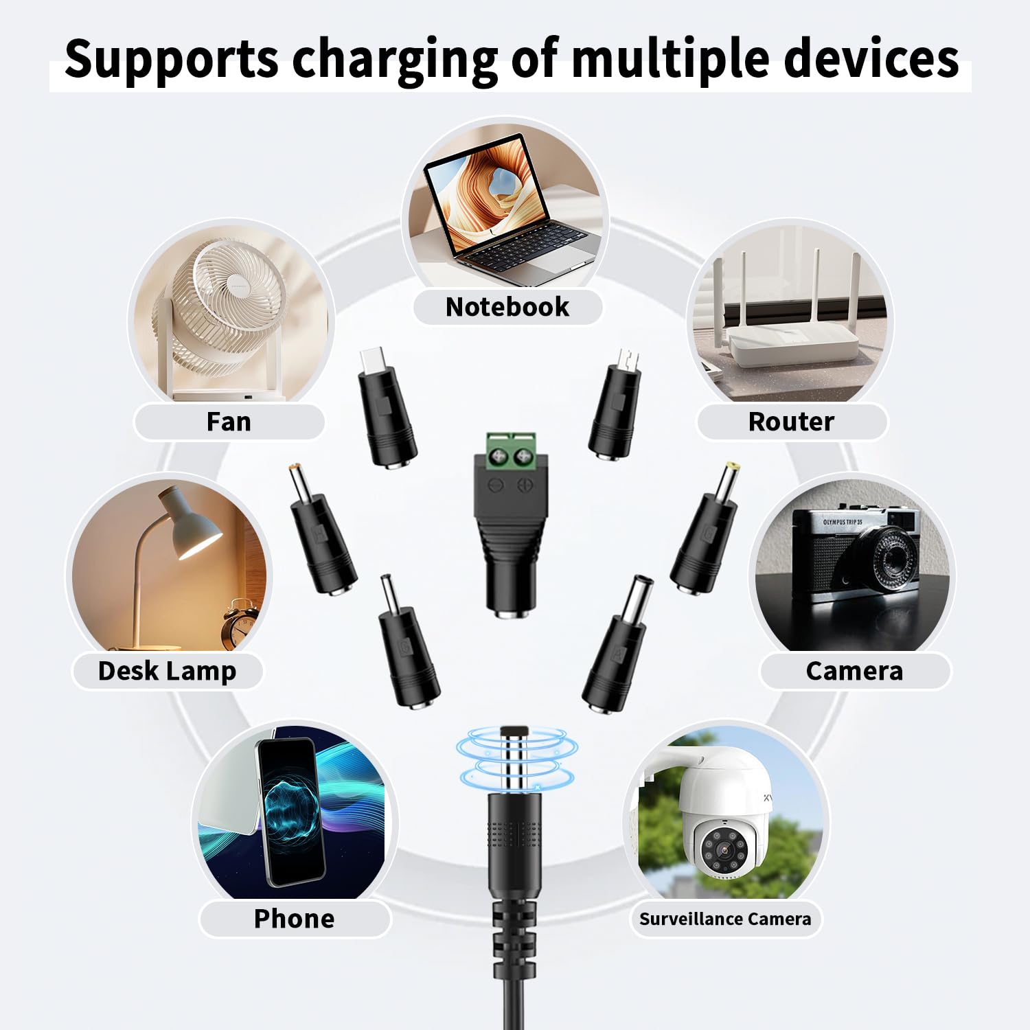 5V 1A Multifunction Charger Power Core, USB to DC Charging Cable Set with Adapter & 11 Connectors (Micro-USB, Type-C, Mini USB, 5.5x2.1, 2.5x0.7, 3.0x1.1, 3.5x1.35, 4.0x1.7, 4.8x1.7, 5.5x2.5) 3.3FT