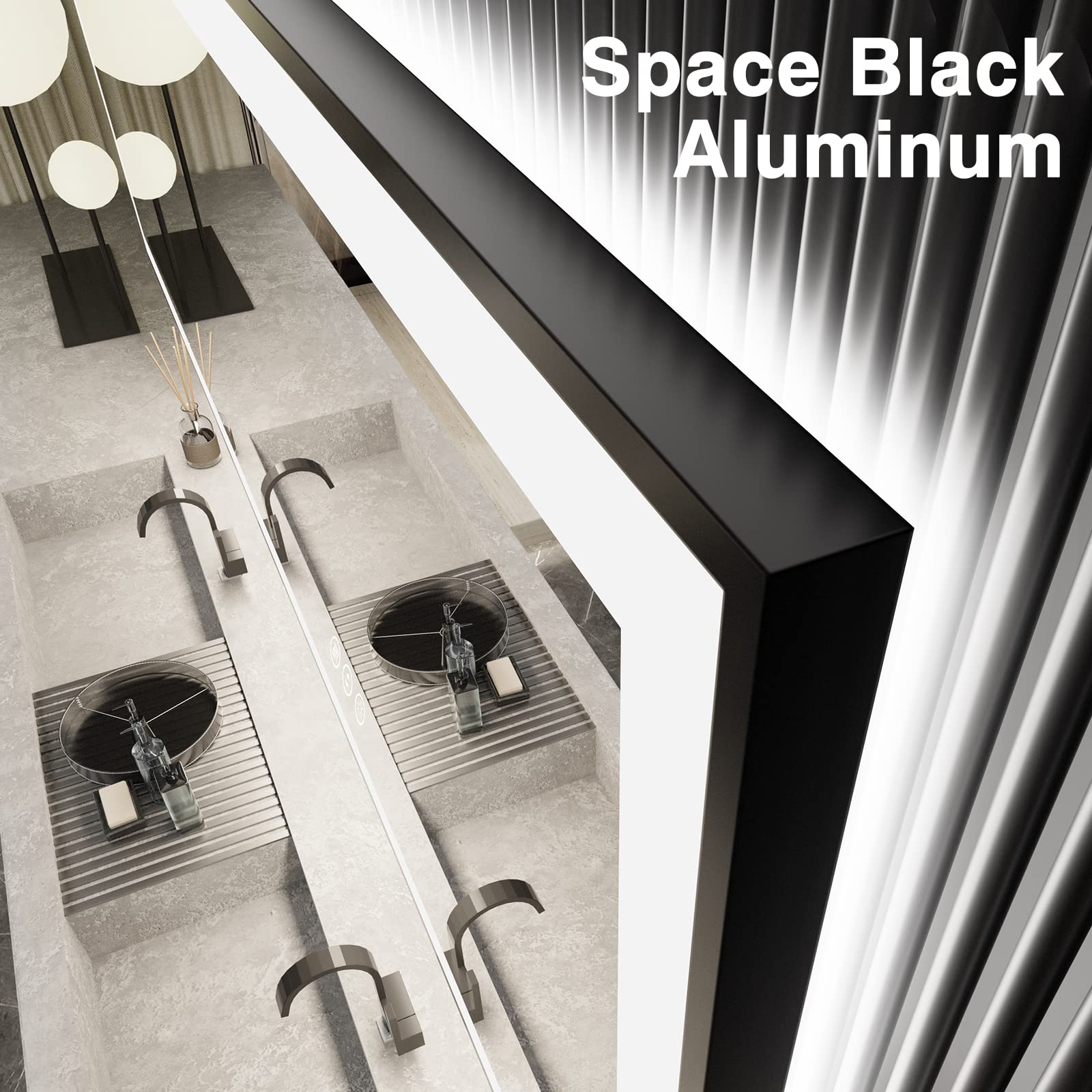 EchosLife 28x36 LED Bathroom Mirror for Wall -Black Aluminum Framed (Front and Backlit), Anti-Fog Vanity Mirror with Lights,Stepless Dimmable Lighted Mirror,3 Colors Smart Mirror(Horizontal/Vertical)