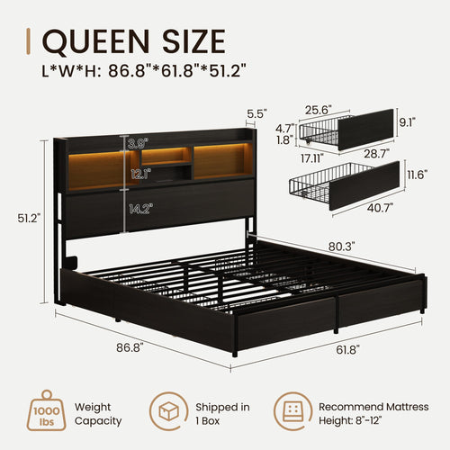 BRELTAM Queen Storage Bed Frame with 6 Drawers, USB Charging Station, No Noise, No Box Spring Required, Vintage Black Headboard Platform Bed