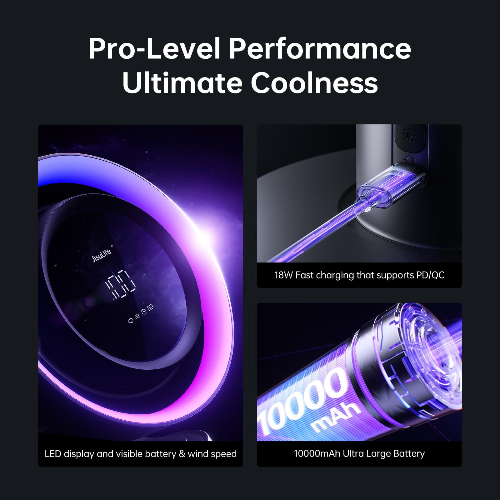 JISULIFE Table Fan Pro3, 3-in-1 Table Cool with 7-Color RGB Light, LED Display, 100-Speed, 10000mAh Battery, 120° Oscillating Desktop Fan for Office/Gaming Desk, Gifts for Men/Women