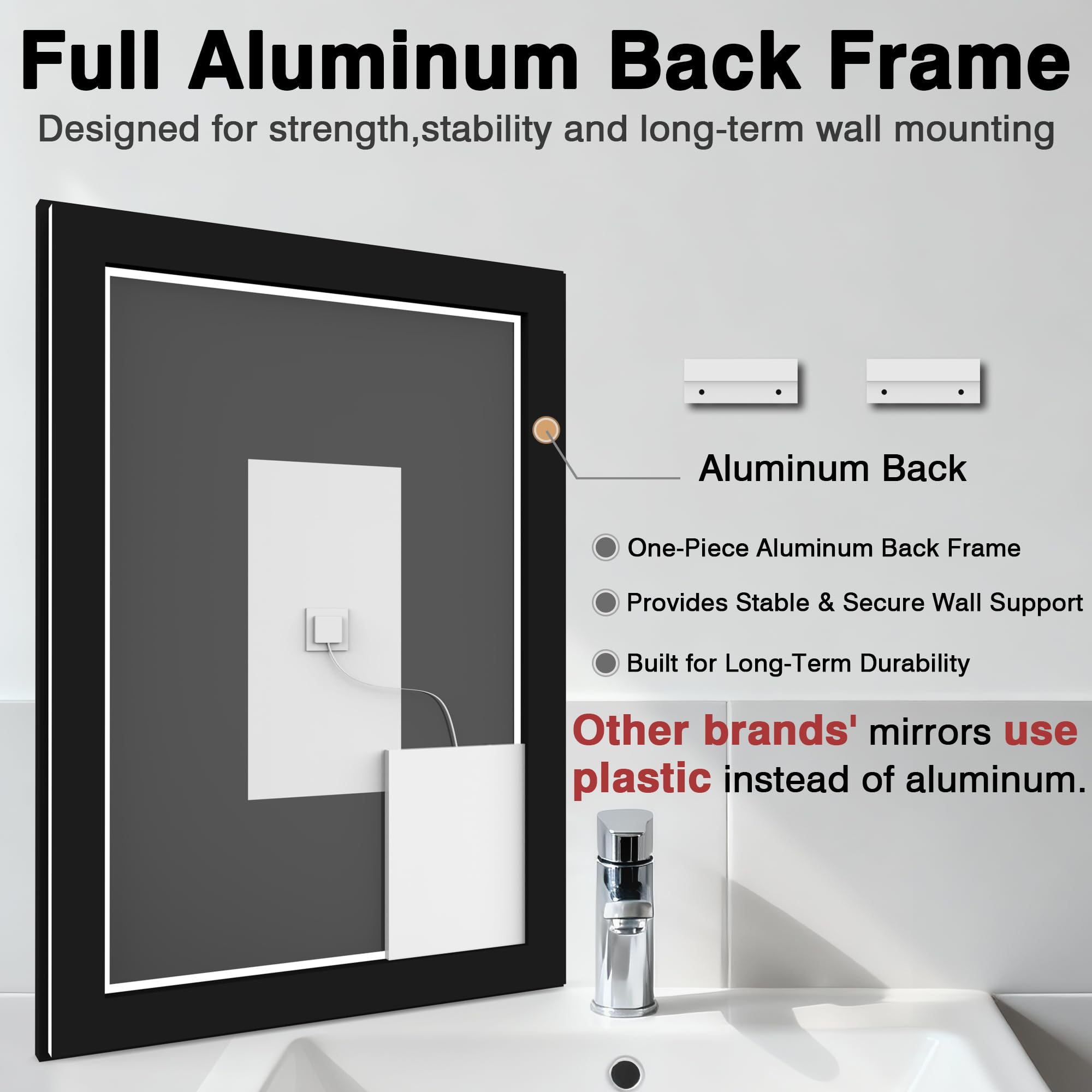 EchosLife 28x36 LED Bathroom Mirror for Wall -Black Aluminum Framed (Front and Backlit), Anti-Fog Vanity Mirror with Lights,Stepless Dimmable Lighted Mirror,3 Colors Smart Mirror(Horizontal/Vertical)