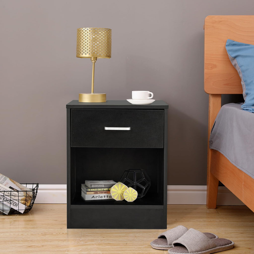 Karl home Nightstands Set of 2 with Drawer for Bedroom, Wood Night Stand Set 2 with Open Shelf, Modern Nightstand Bedside Tables Set of 2, End Table, Black