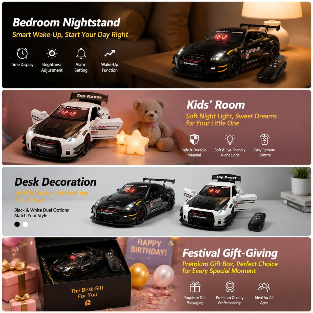 Car Alarm Clock, Race Alarm Clock Car with Engine Sound LED Digital Display,Remote Control, Realistic Lighting Effects for Bedroom, for Boys, Kids & Boyfriend (White, Desktop)