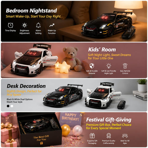Car Alarm Clock, Race Alarm Clock Car with Engine Sound LED Digital Display,Remote Control, Realistic Lighting Effects for Bedroom, for Boys, Kids & Boyfriend (White, Desktop)