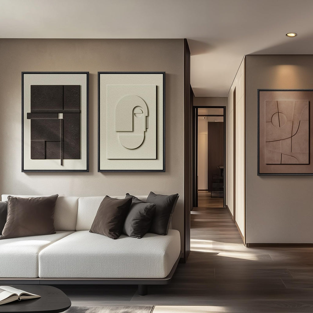 Large 3D Textured Framed Abstract Wall Art for Living Room, 3 Piece Modern Paintings Artwork for Walls, Black White Brown Geometric Sandstone Texture Pictures for Hallway Office Home Decor 24x36 In