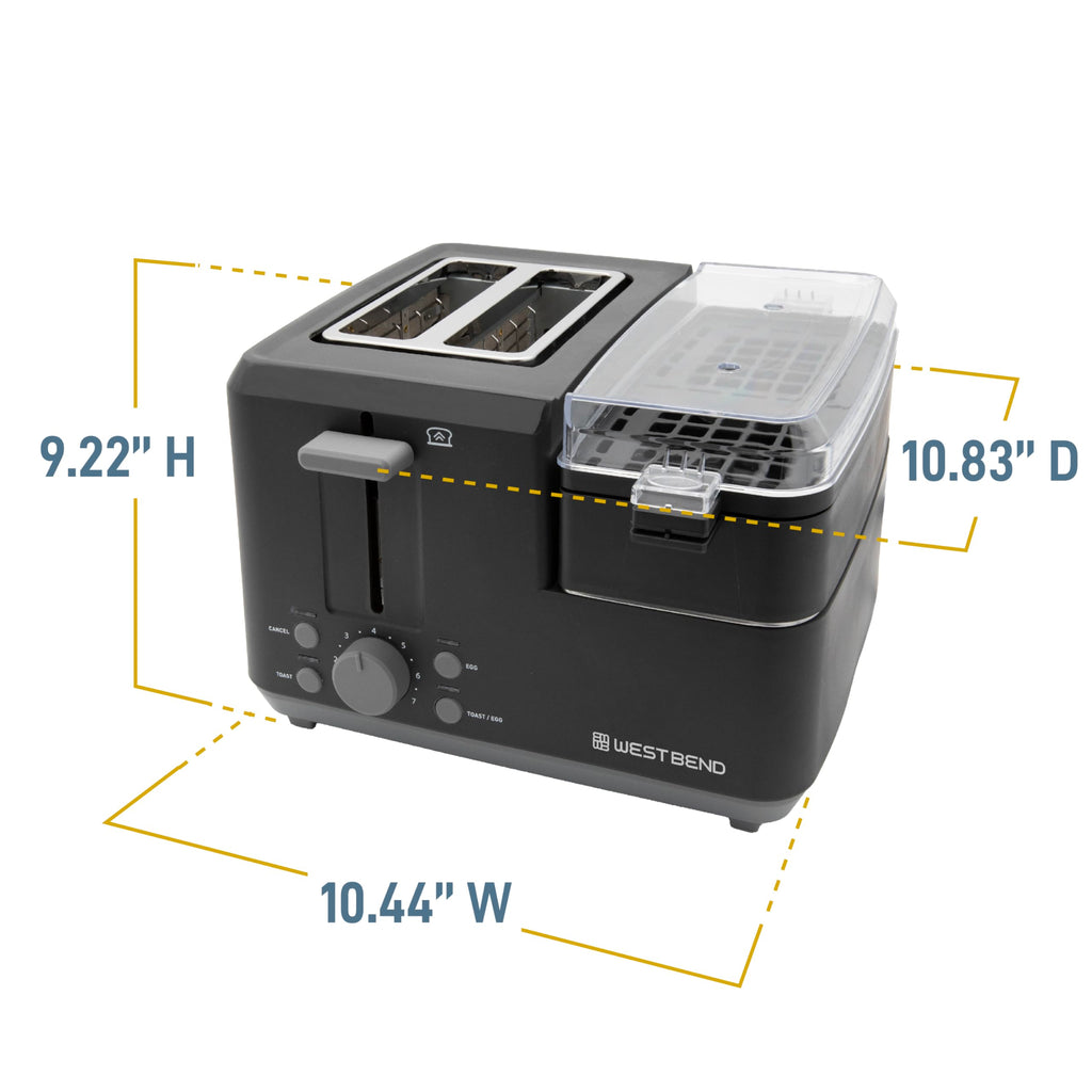 West Bend Breakfast Station 2-Slice Toaster and Egg Cooker/Poacher with Removable Pre-Cooked Meat and Vegetable Warming Tray for Perfect Breakfast Sandwiches, 1200-Watts, Black