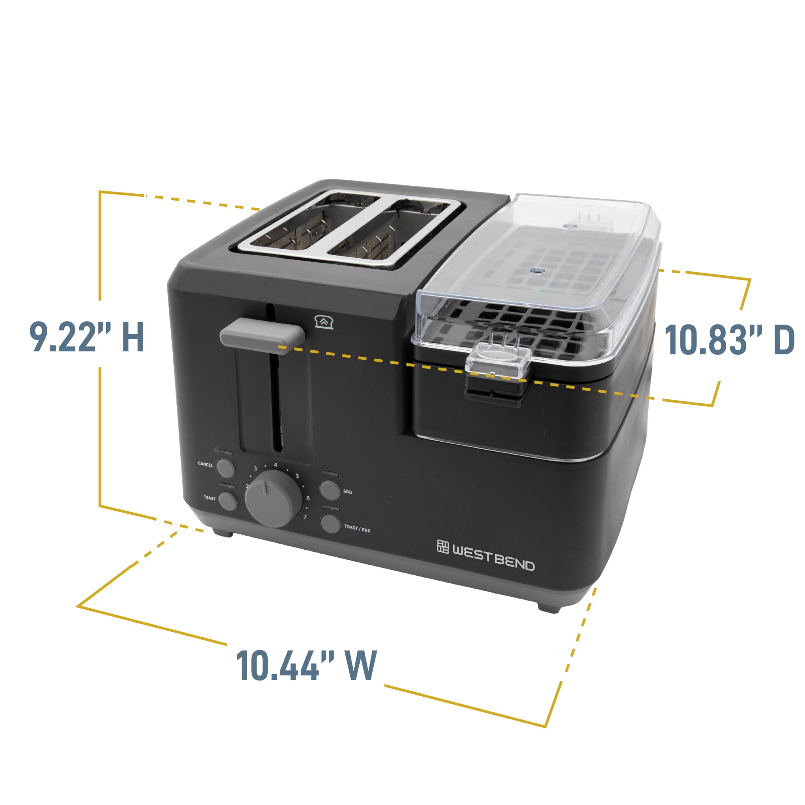 West Bend Breakfast Station 2-Slice Toaster and Egg Cooker/Poacher with Removable Pre-Cooked Meat and Vegetable Warming Tray for Perfect Breakfast Sandwiches, 1200-Watts, Black