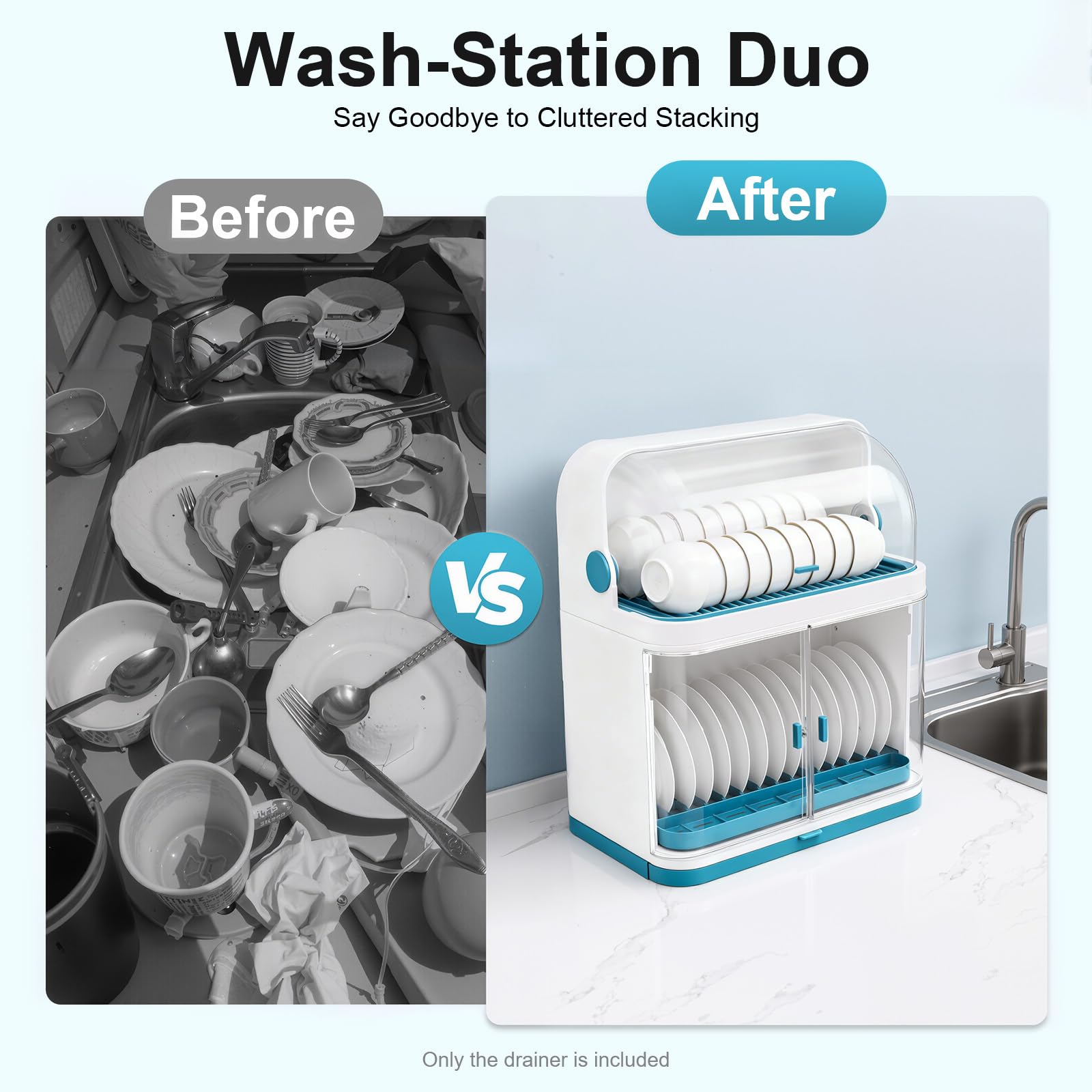 Ageanbri 2 Tier Dish Drying Rack Drain Board with Lid Cover, Drain Board with Lid Plastic Cover, Drying Rack Storage Case for Kitchen Countertop, Dustproof Kitchen Supplies Shelf Utensils Organize