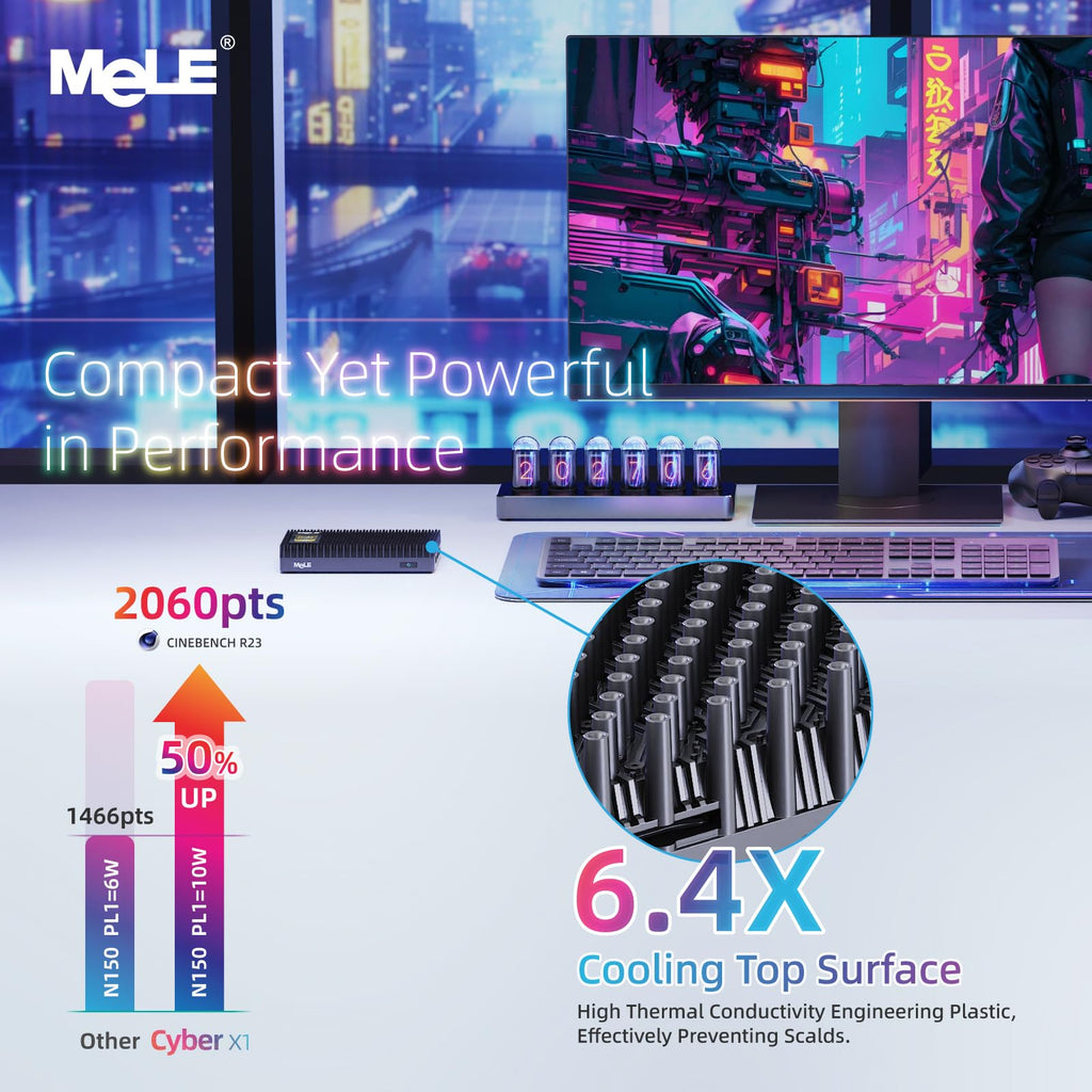 MeLE Cyber X1 Fanless Mini PC N150 8GB DDR4 RAM 256GB SSD Windows 11 Pro,Small Desktop Computer,Dual HDMI 4K Triple Display,USB 3.2×3,USB-C,WiFi 5 BT5.1,Micro Industrial Business PC