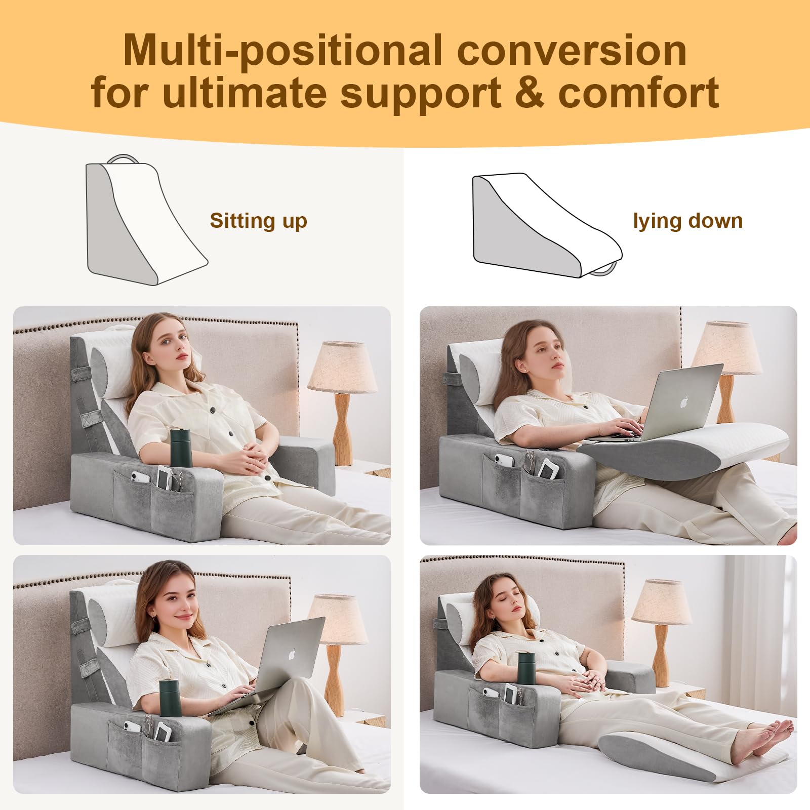 Reading Pillow for Sitting in Bed Adult, Back Pillow for Bed Sitting up with Arms, Pockets and Cup holder, Sit Up Backrest Pillows for Beds Chair Support, Rest Pillow for Gaming (Light gray, 5PCS)