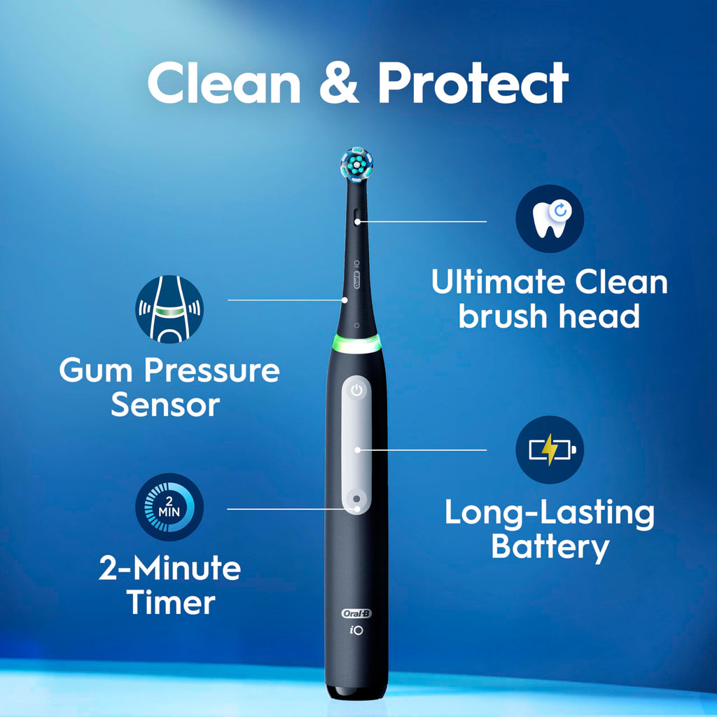 Oral-B iO Series 3 Limited Deep Clean Rechargeable Electric Toothbrush for Adults, Black, 3 Modes, Smart Pressure Sensor, Plaque Removal and Gum Care, 2 Replacement Brush Heads, Travel Case