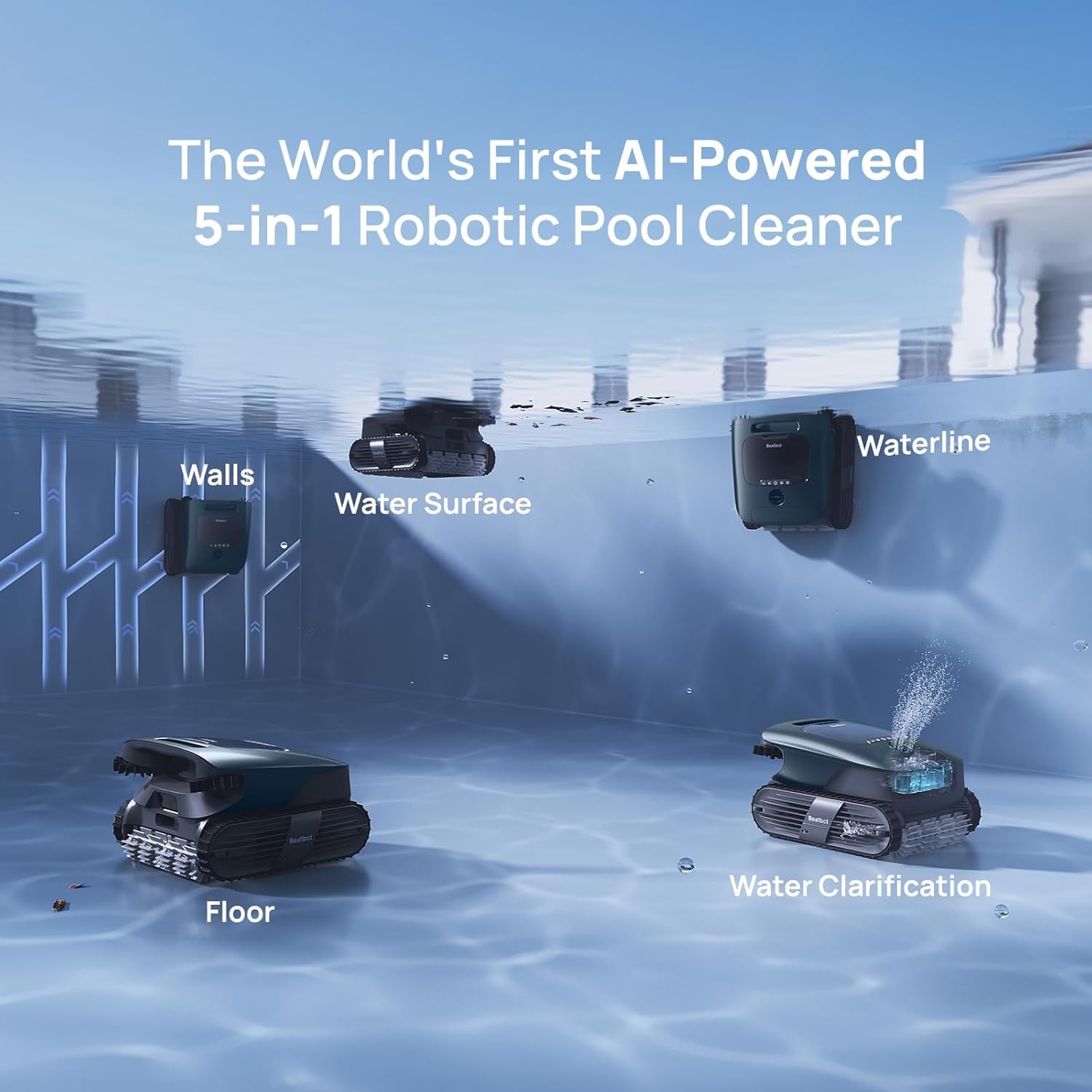 Beatbot AquaSense 2 Ultra Cordless Robotic Pool Cleaner for Complex Pools, Mapping with AI Camera, 5-in-1 Cleaning, Smart Surface Parking, Skimmer with APP Control, Water Clarification – Dark Green
