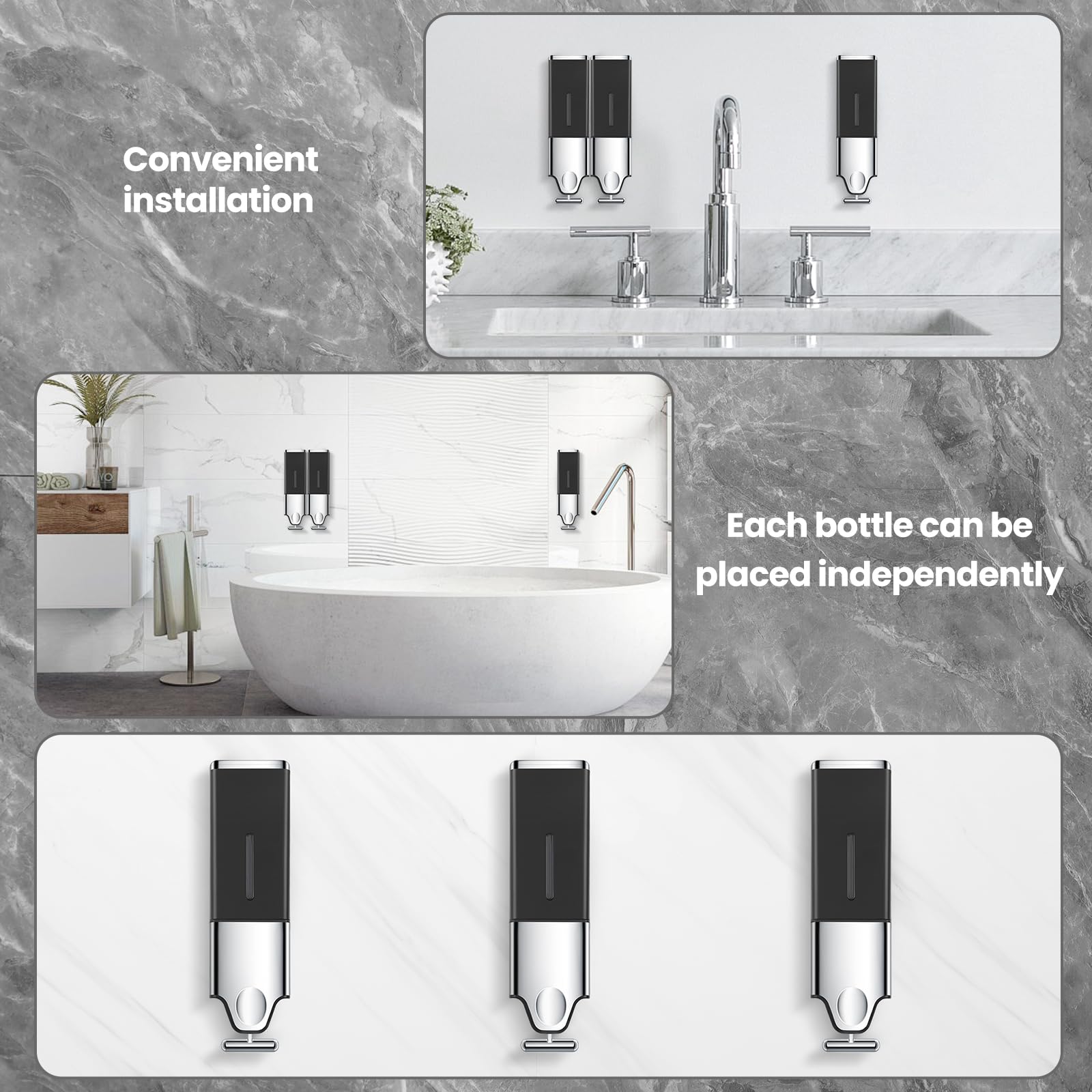 EHORIA 3-in-1 Quadrate Dispensers for The Shower,Shower soap Dispenser,Conditioner Dispenser, Shampoo Dispenser,No Drilled Wall Mounted Distributor,Hotel,Bathroom,Home