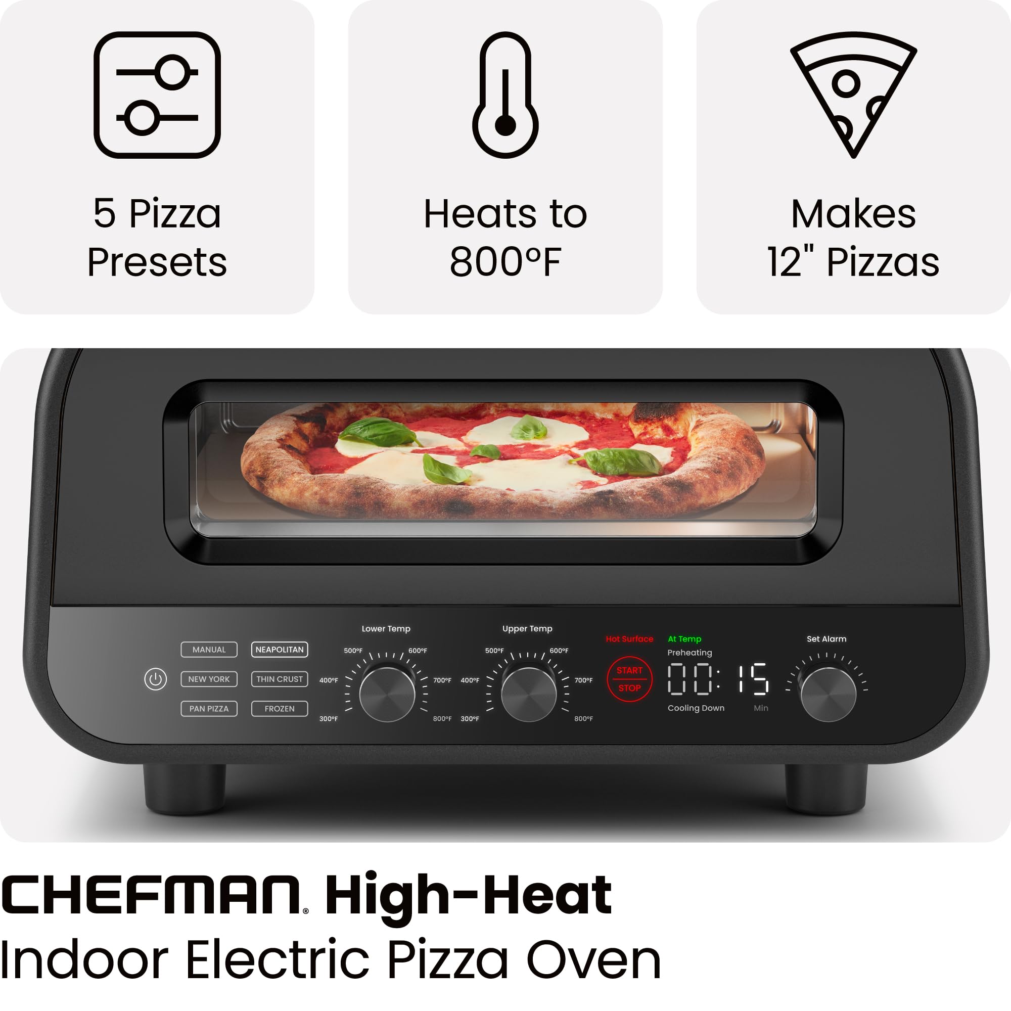 CHEFMAN Indoor Pizza Oven - Makes 12 Inch Pizzas in Minutes, Heats up to 800°F - Countertop Electric Maker with 5 Touchscreen Presets, Pizza Stone and Peel Included - Stainless Black