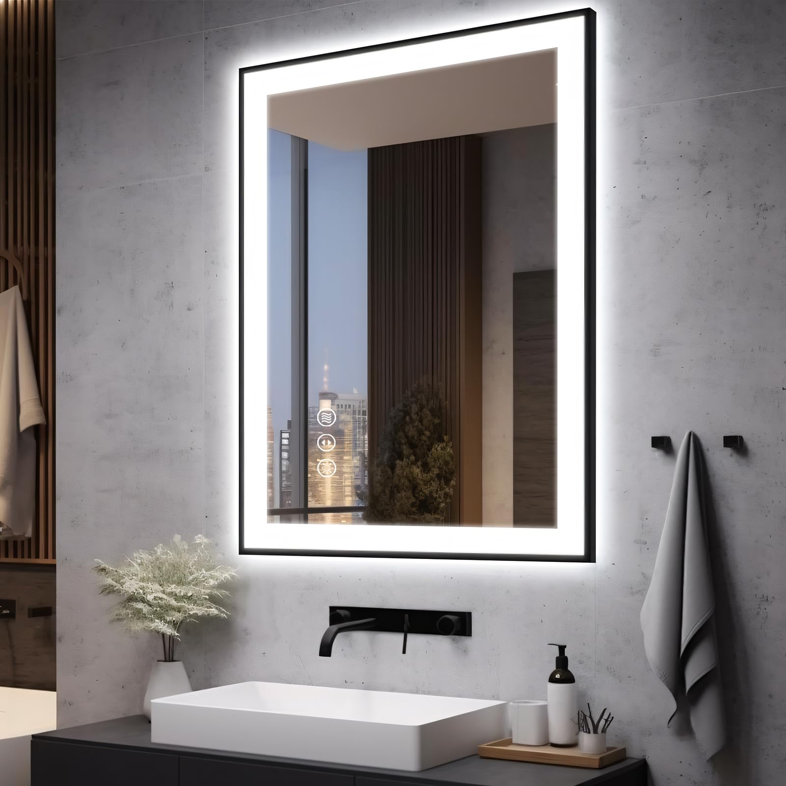 EchosLife 28x36 LED Bathroom Mirror for Wall -Black Aluminum Framed (Front and Backlit), Anti-Fog Vanity Mirror with Lights,Stepless Dimmable Lighted Mirror,3 Colors Smart Mirror(Horizontal/Vertical)