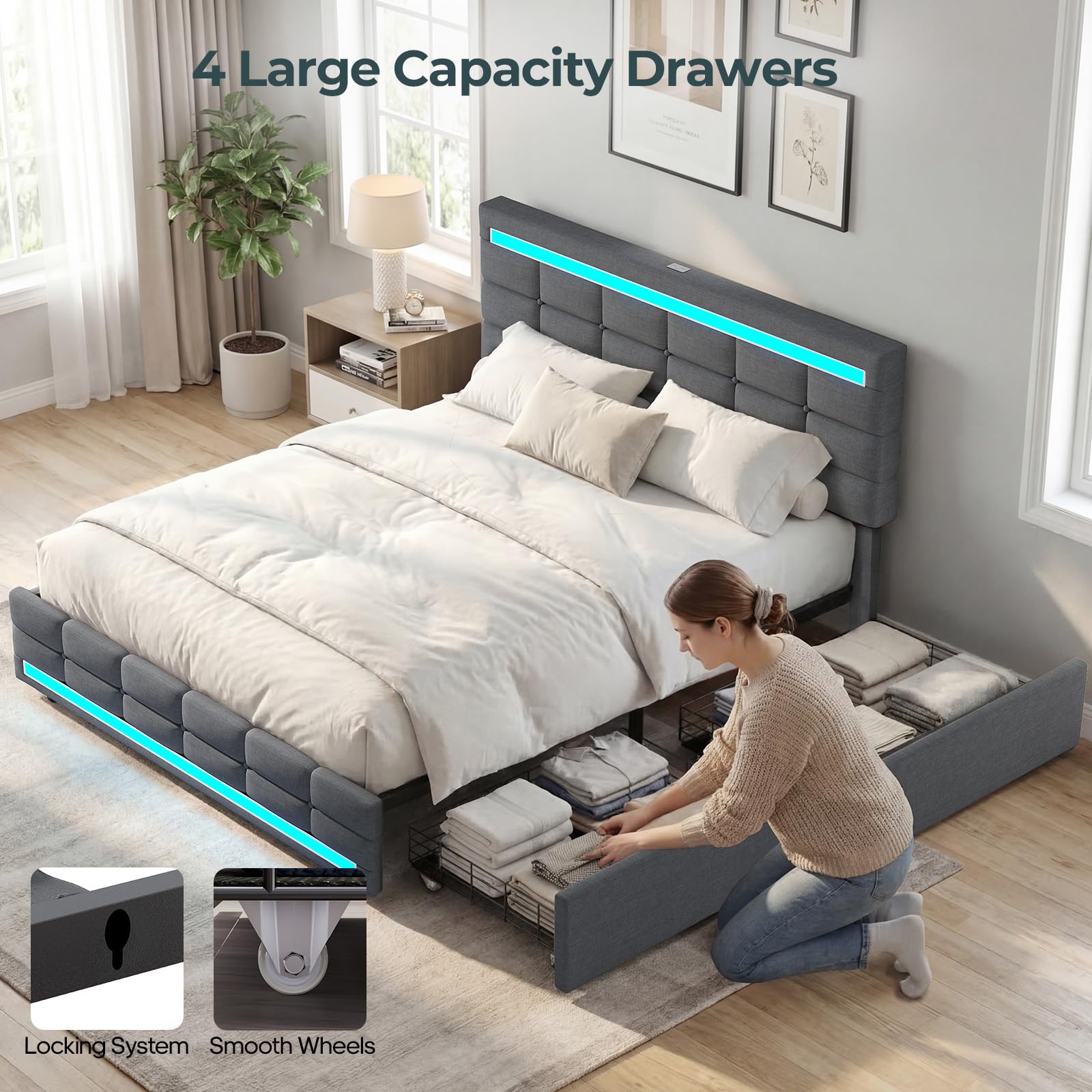 ADORNEVE Queen Bed Frame with 4 Storage Drawers, Upholstered Headboard with Charging Station & LED Lights, Metal and Wood Platform Bed, No Box Spring Needed, Easy Assembly, Dark Grey