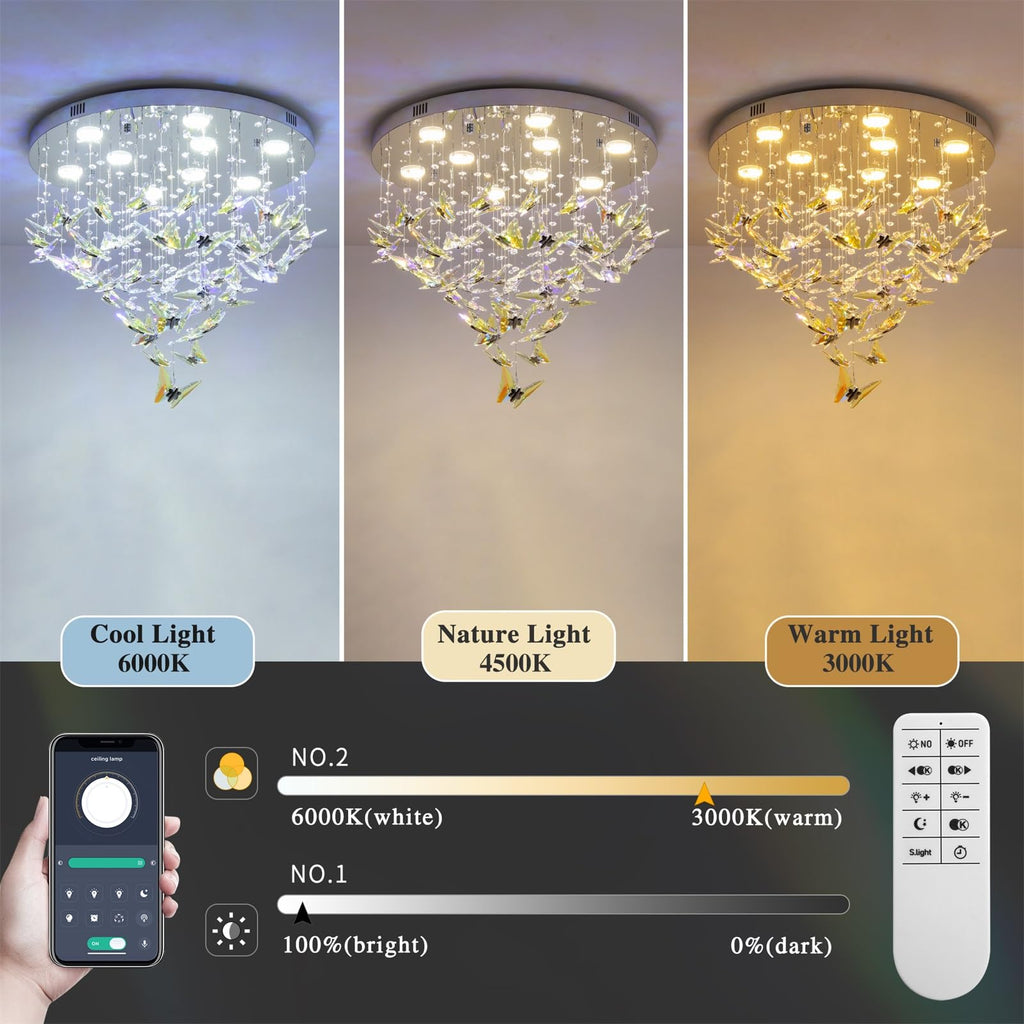 Modern LED Chandeliers, 24 inch Crystal Flush Mount Ceiling Light Fixture with Remote and APP Control, 3CCT Dimmable, Elegant Butterfly Chandelier for Bedroom Dinning Room Living Room Foyer Entryway