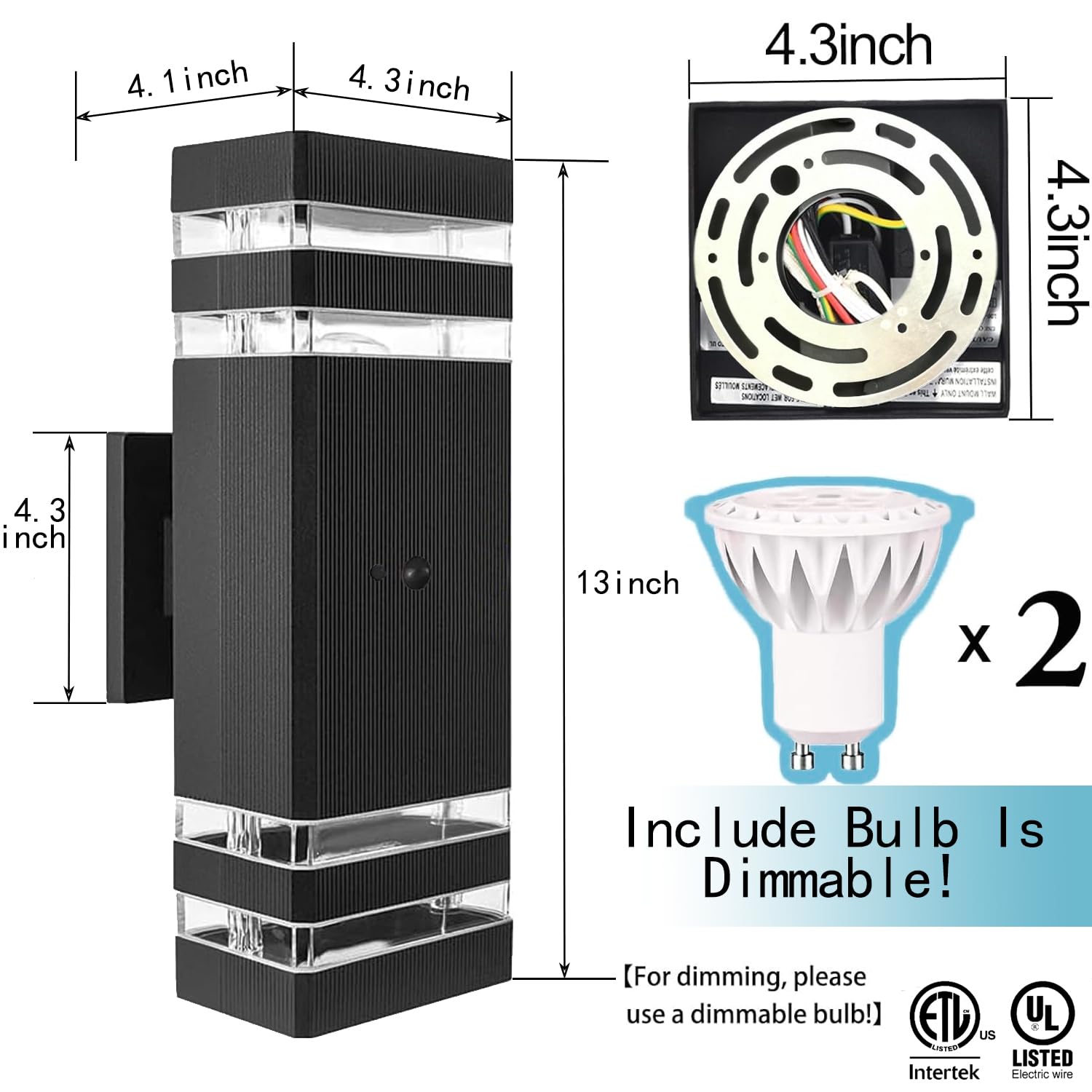 WISELUME Motion Sensor Outdoor Wall Lights, Cold Light with PIR Body Sensor, Black Aluminum Up & Down Porch Sconce, GU10 LED Bulbs Included, ETL Listed, Dusk to Dawn Garage & Garden Lighting Fixture