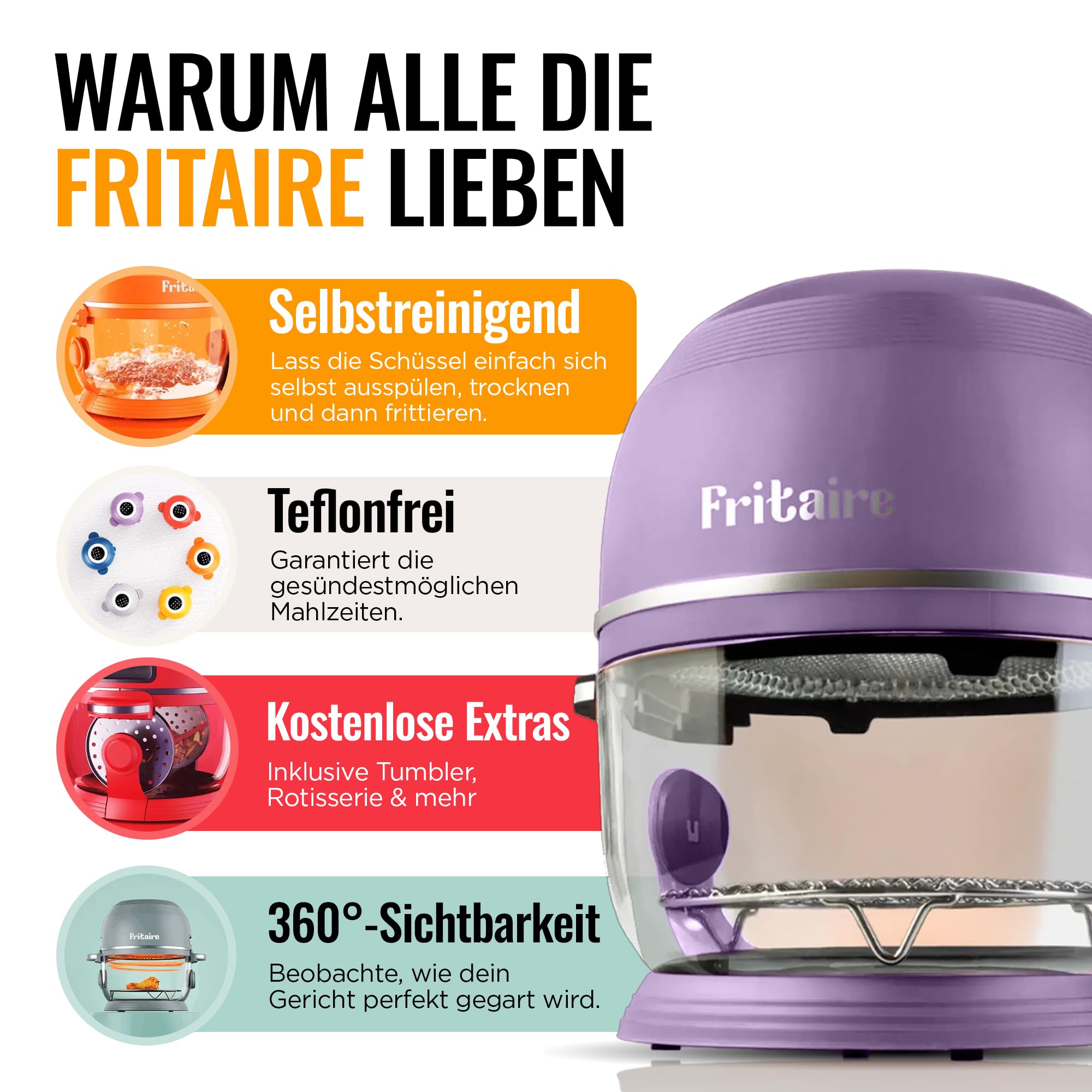 Non Toxic Air Fryer™ Pro | 9-in-1 Glass Air Fryer | Self-Cleaning | 5 Quart | Rotisserie and Tumbler | 400F Vortex For Even Cooking, BPA-Free Teflon Free, Recrisp, Roast, Bake, Lavender