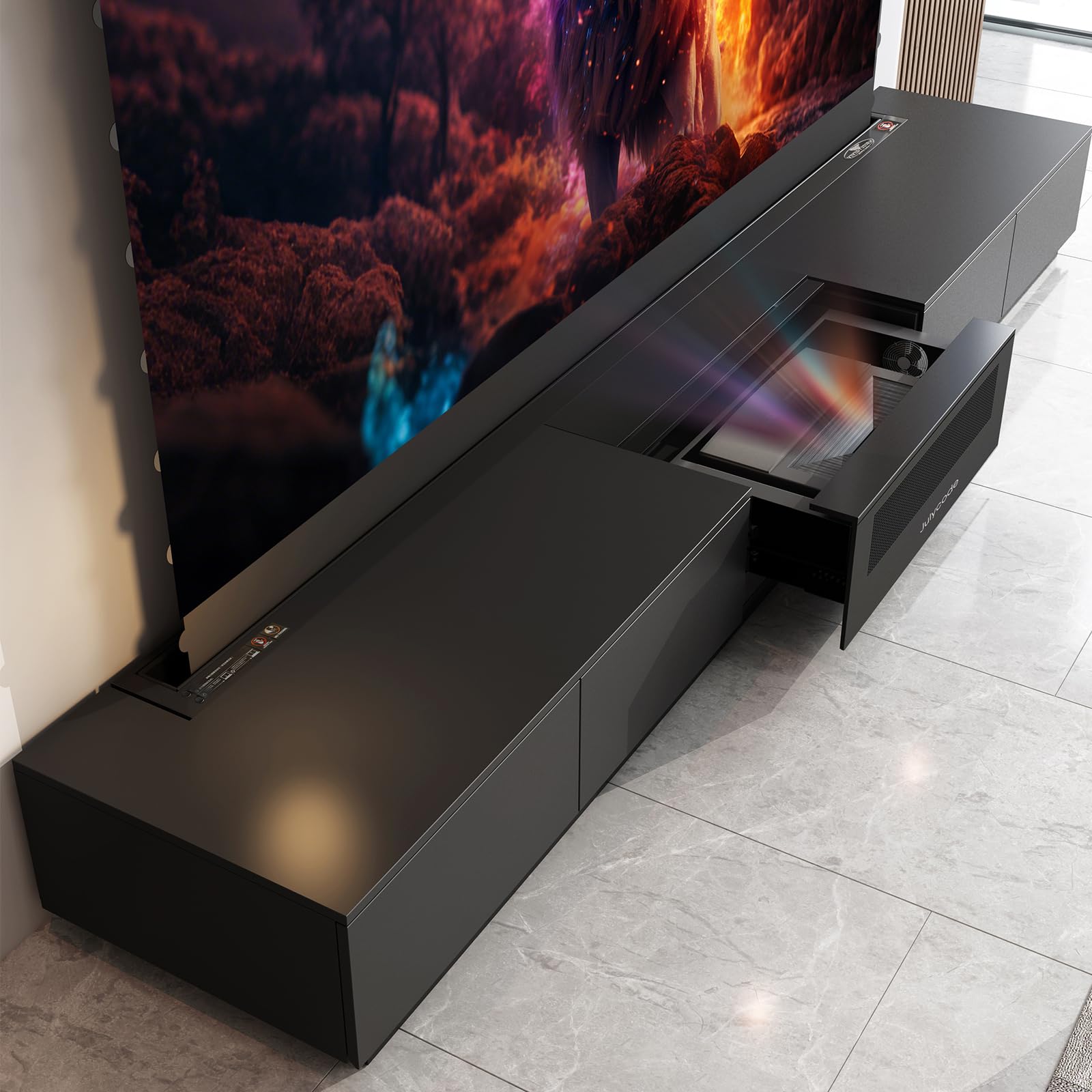 Julycode Motorized Laser TV Cabinet with ALR Floor-Rising Screen for Ultra - Short Throw Projector(100-inch Laser Cabinet) (Black, 120'' Laser Cabinet)