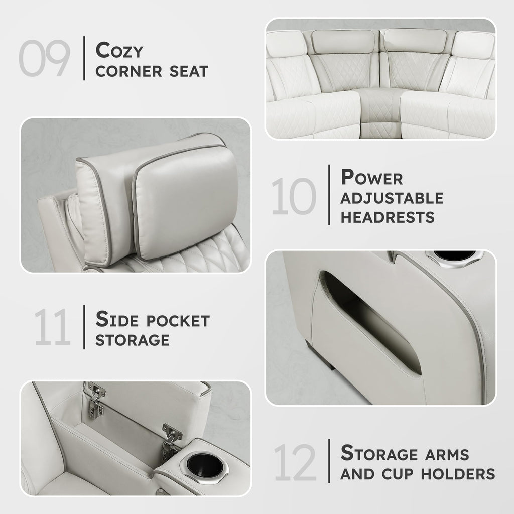 Lexicon 128" Power Reclining Sectional Sofa, Wall Hugger, 2 Recliner Seats, 2 Storage Arms, Drop-Down Cup Holders, Power Headrests, Wireless Charger, Charging Ports, LED Lighting, Faux Leather Taupe