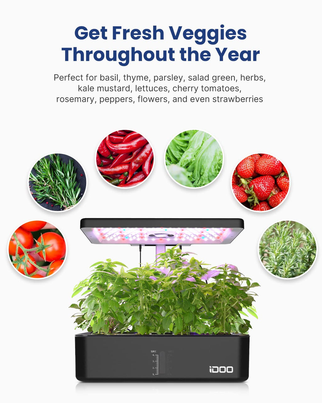iDOO Hydroponics Growing System Kit 12Pods, Indoor Herb Garden with LED Grow Light, Built-in Fan, Auto-Timer, Adjustable Height Up to 11.3", for Home School Office, Gifts for Women Men Fathers