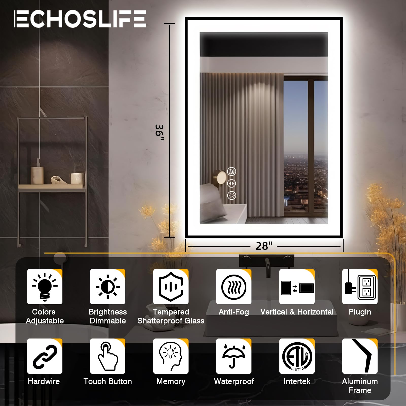 EchosLife 28x36 LED Bathroom Mirror for Wall -Black Aluminum Framed (Front and Backlit), Anti-Fog Vanity Mirror with Lights,Stepless Dimmable Lighted Mirror,3 Colors Smart Mirror(Horizontal/Vertical)