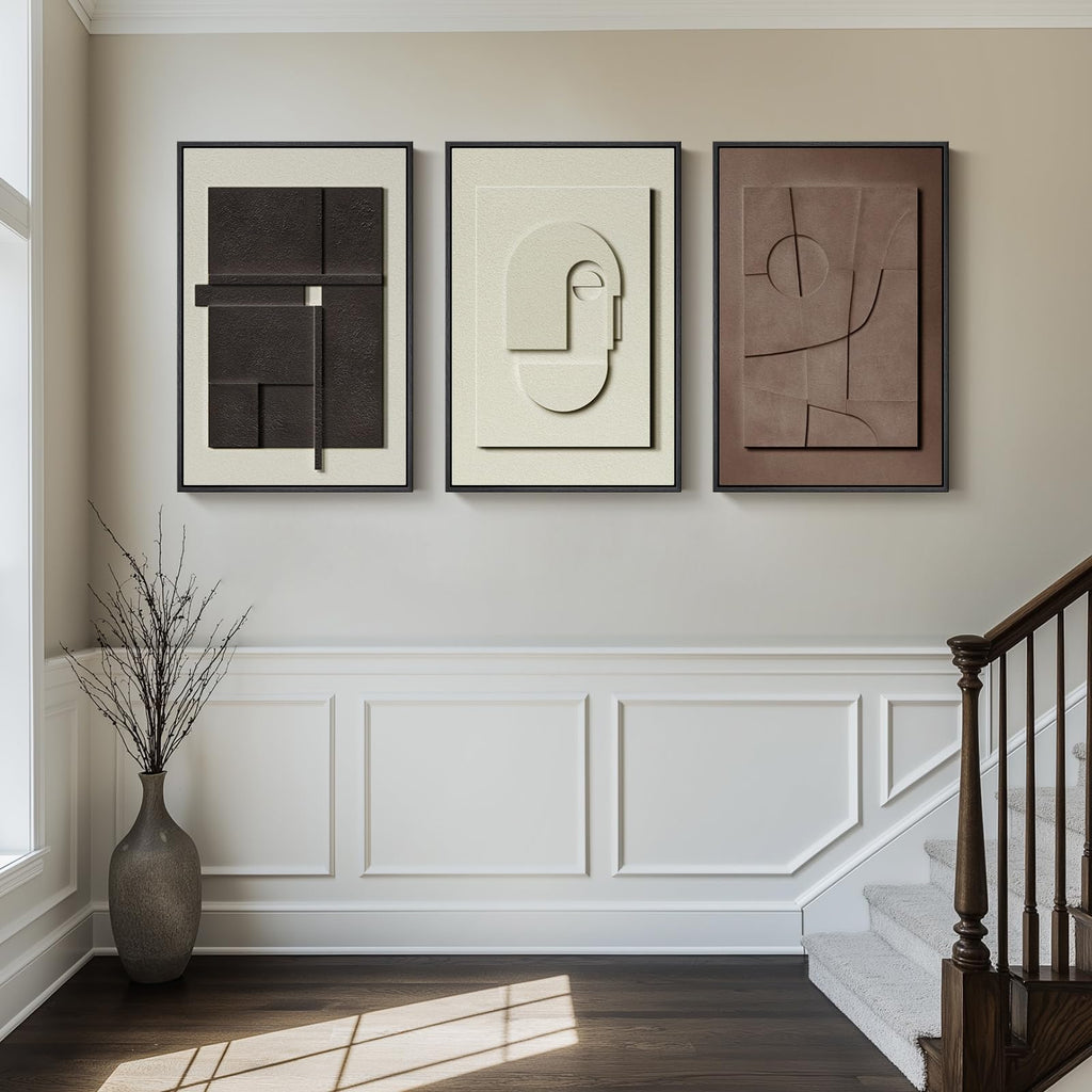 Large 3D Textured Framed Abstract Wall Art for Living Room, 3 Piece Modern Paintings Artwork for Walls, Black White Brown Geometric Sandstone Texture Pictures for Hallway Office Home Decor 24x36 In