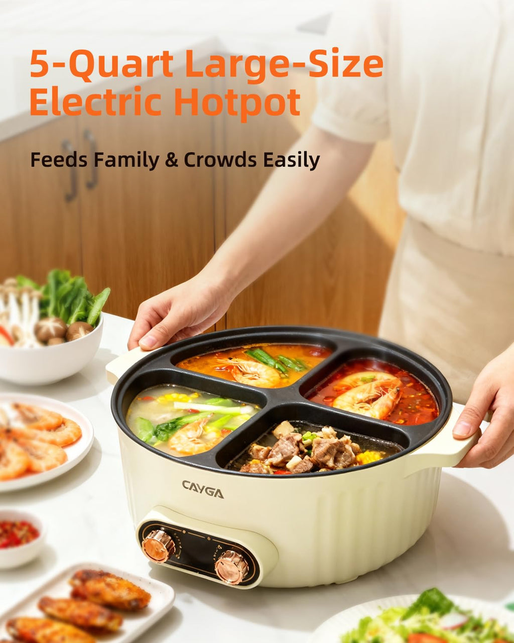 Electric Hot Pot Cooker with Divider, 4 Compartment Hotpot Pot, 2000W Shabu Shabu Pot Electric with Non-Stick, 5Qt Hot Pots for Indoor Cooking, Family Party